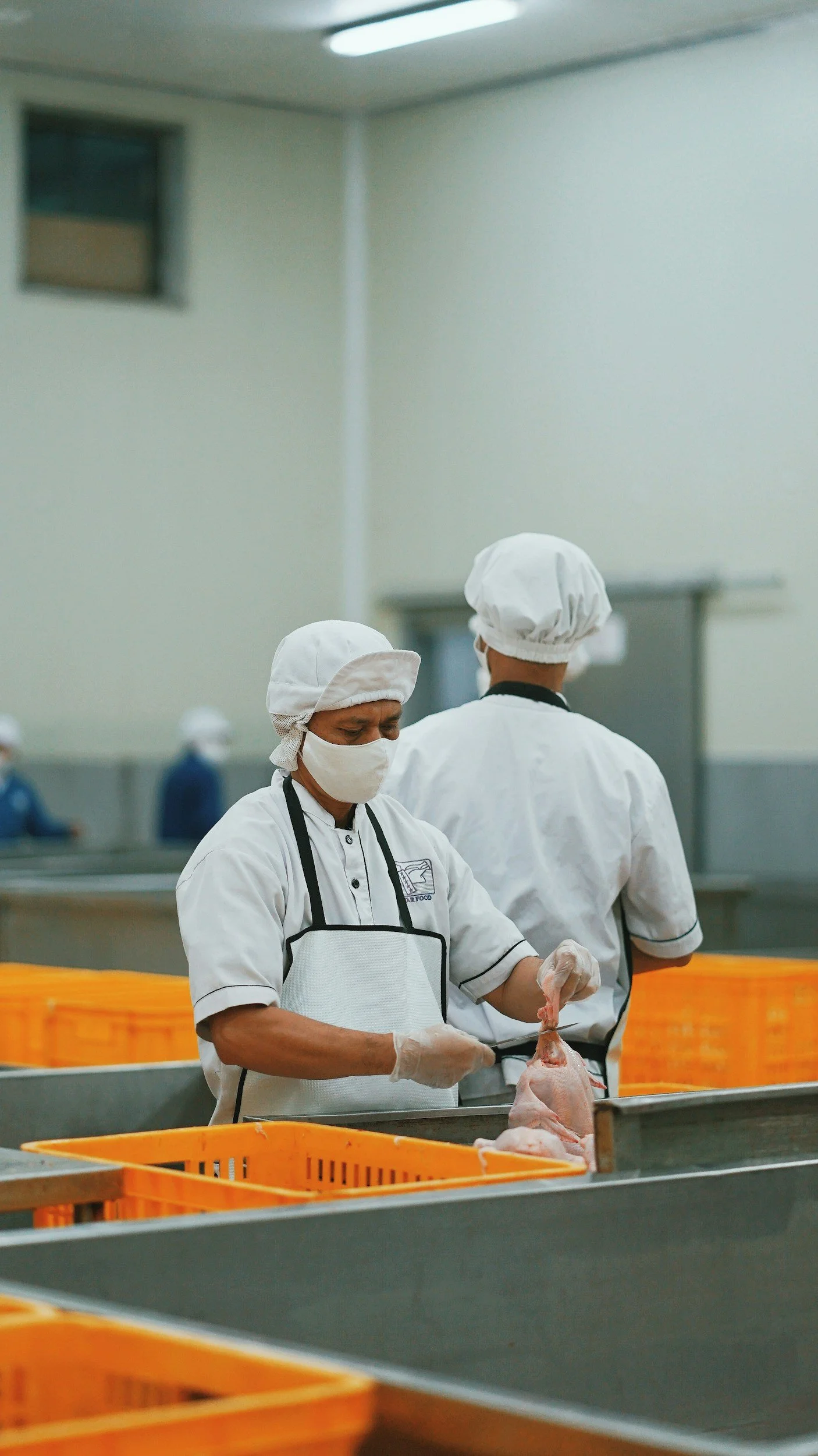 Trabajadores en una planta de procesamiento de carne, vestidos con batas blancas y cubrebocas, inspeccionando y manejando carne en una línea de producción.