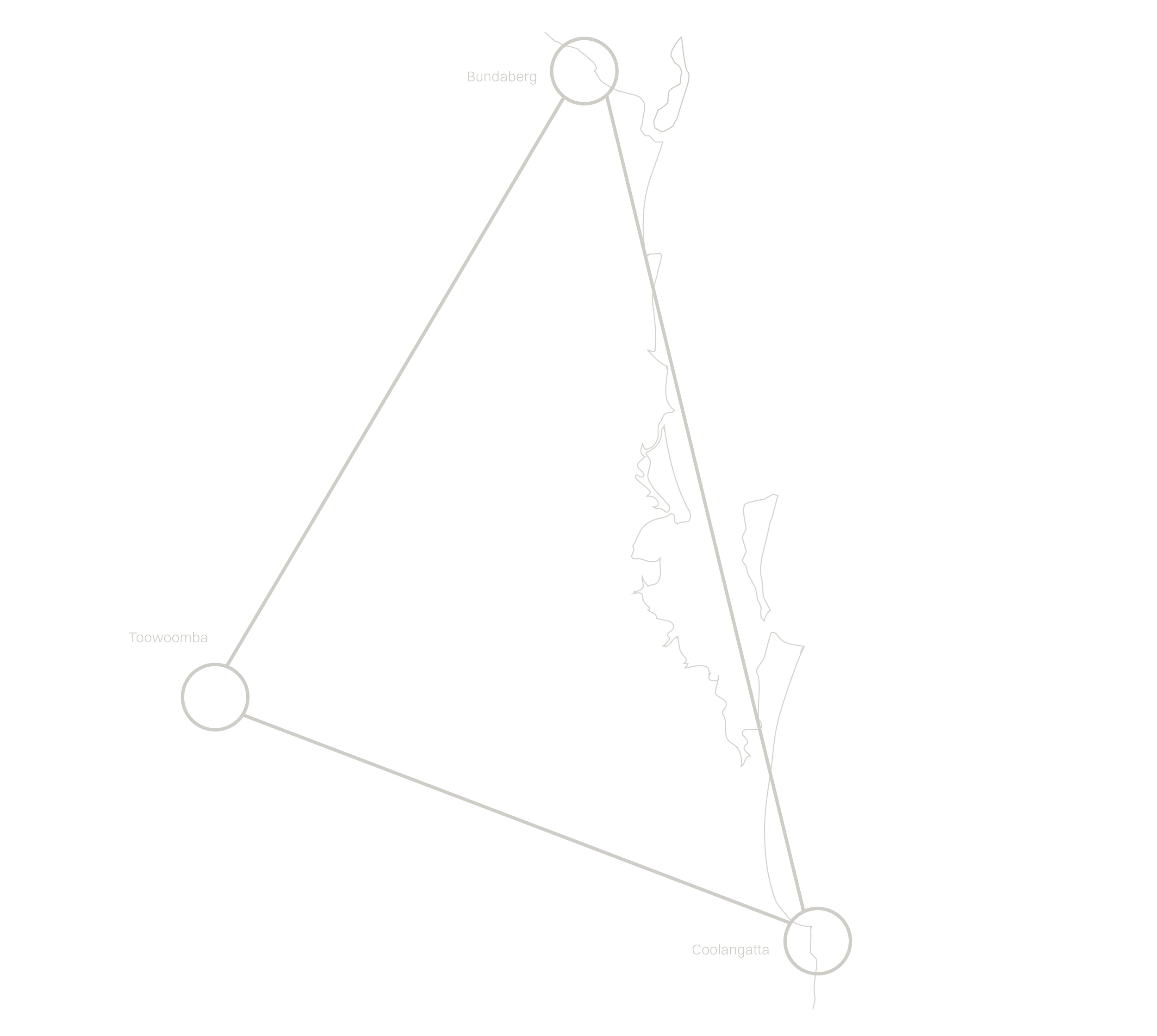 Map showing three locations in Australia: Toowoomba, Bundaberg, and Coolangatta, connected by lines, with a black background and white outlines.