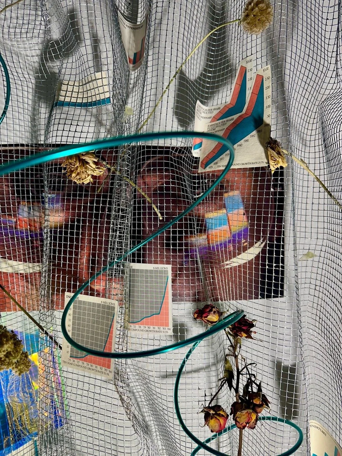 Market of Ideas (detail image), 2025
Metal mesh, wire, magazine paper, dried flowers, multicolor test tubes
H35”xW32”xD18”