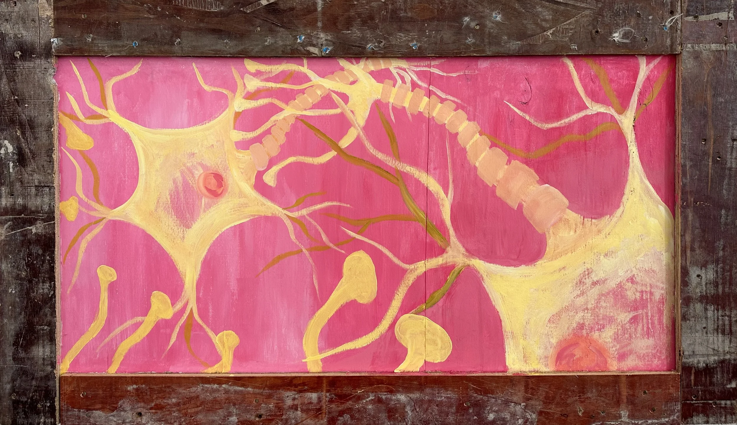 Dendritic Dialogues, 20" × 34", acrylic on reclaimed wood