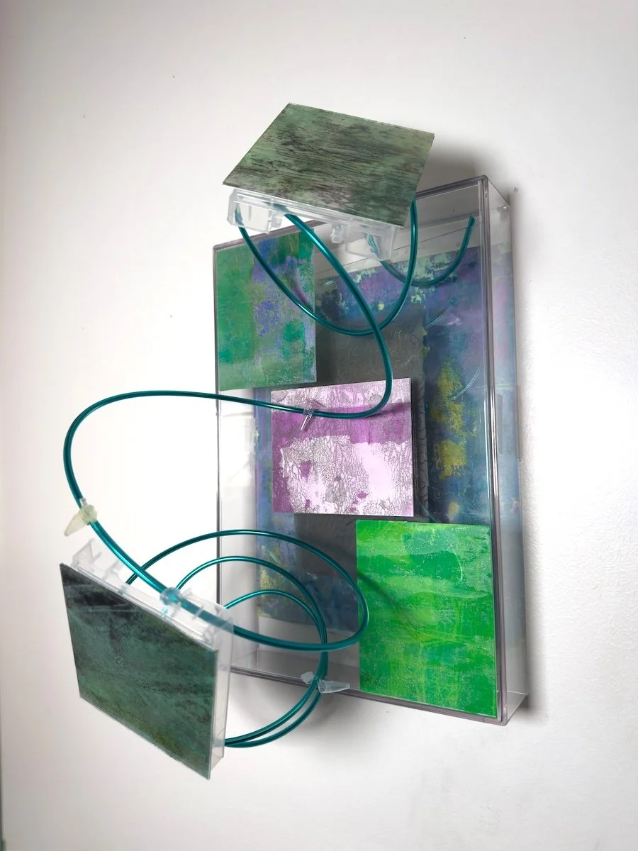 Against Dogma, 2026 
Acrylic box, photo transfer monotype, glass, wire, found laboratory materials
H15”xW9”xD9”