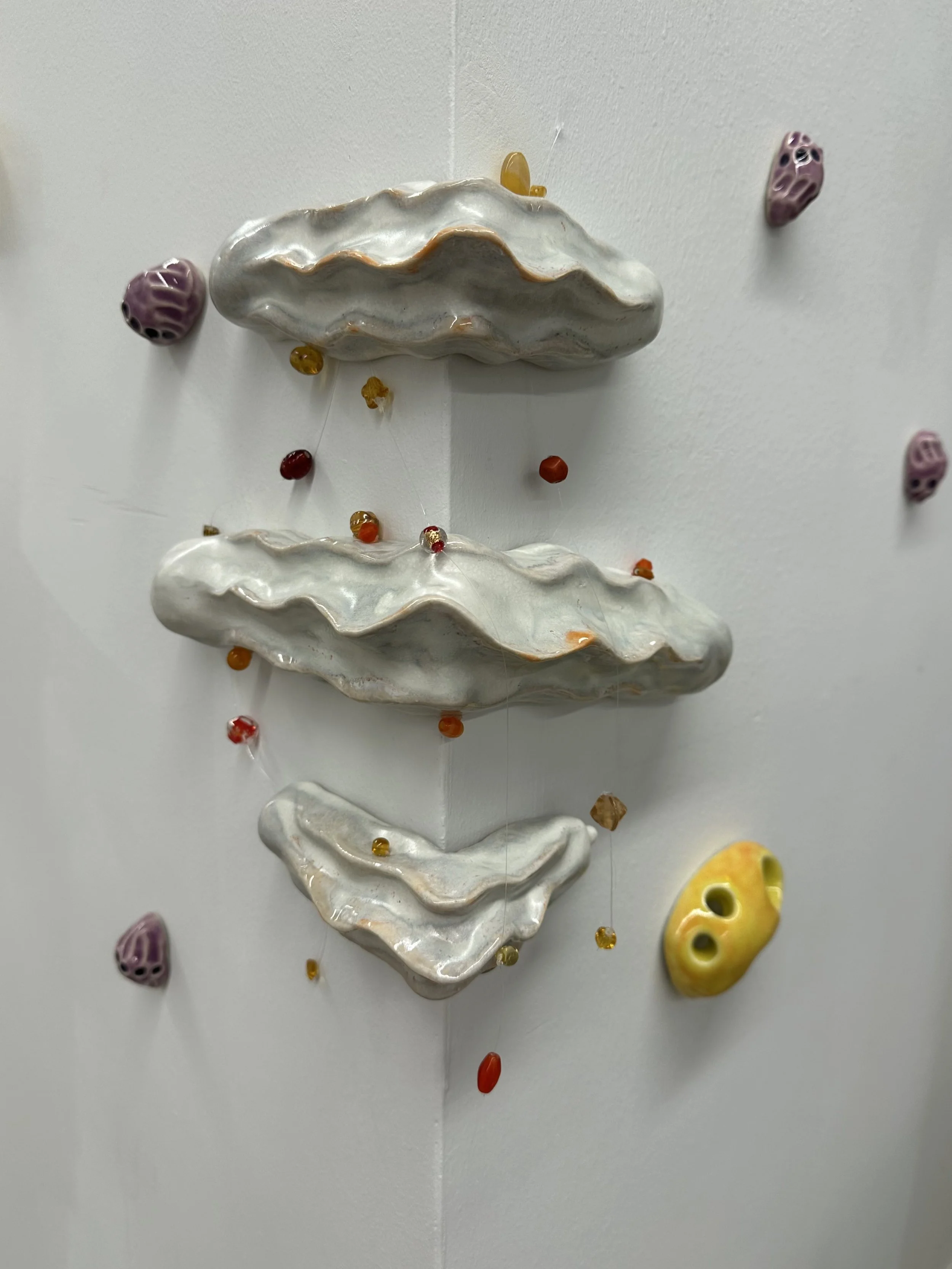 Golgi Apparatus (from The Cell Series)
2024
Ceramic, glass beads, monofilament,
acrylic painted paper
10x14x1.5