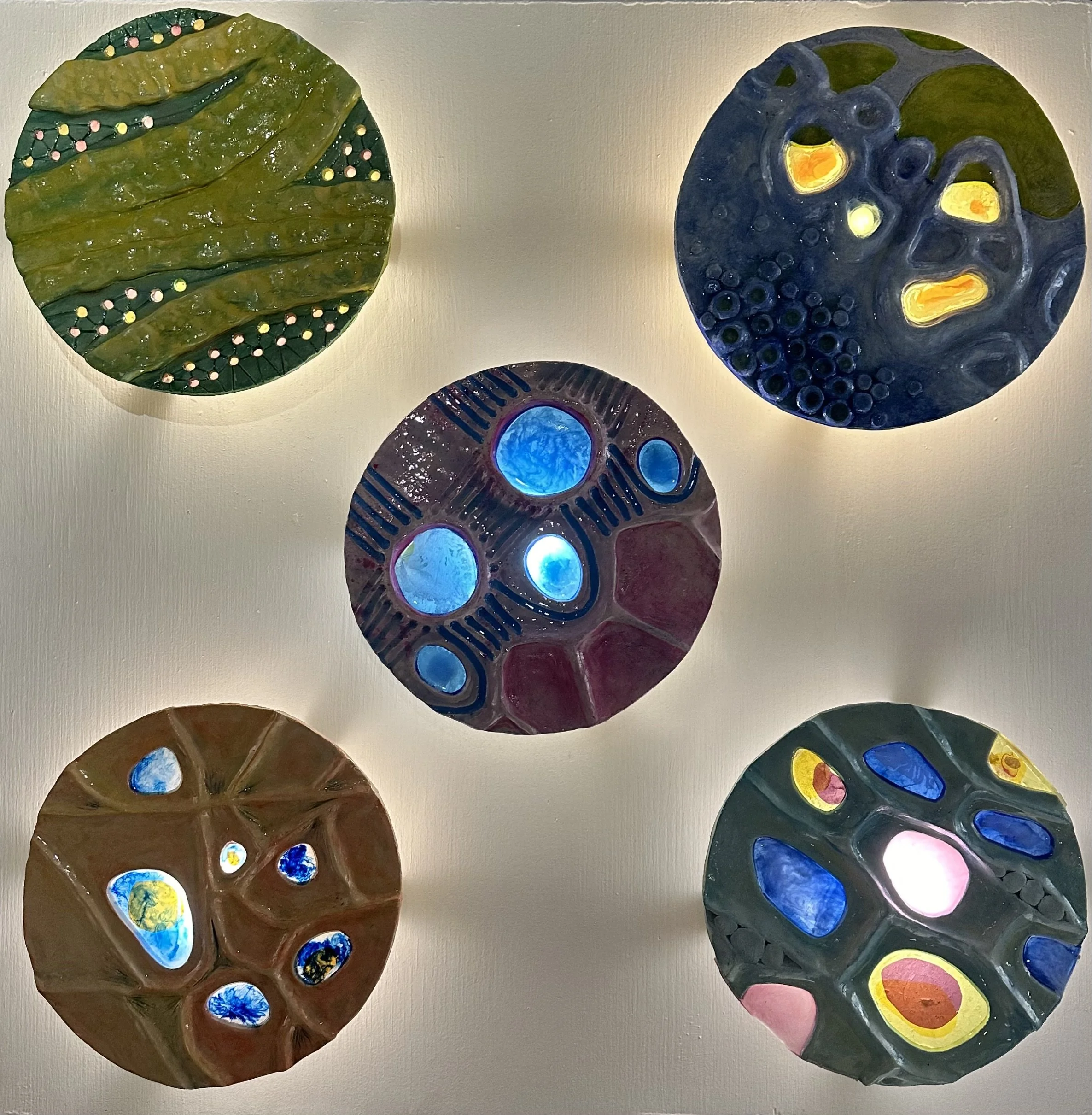 Microscopic Miracles Series
2024
Ceramic, resin, theatrical lighting
paper, brass, light
9x9x2.5 each