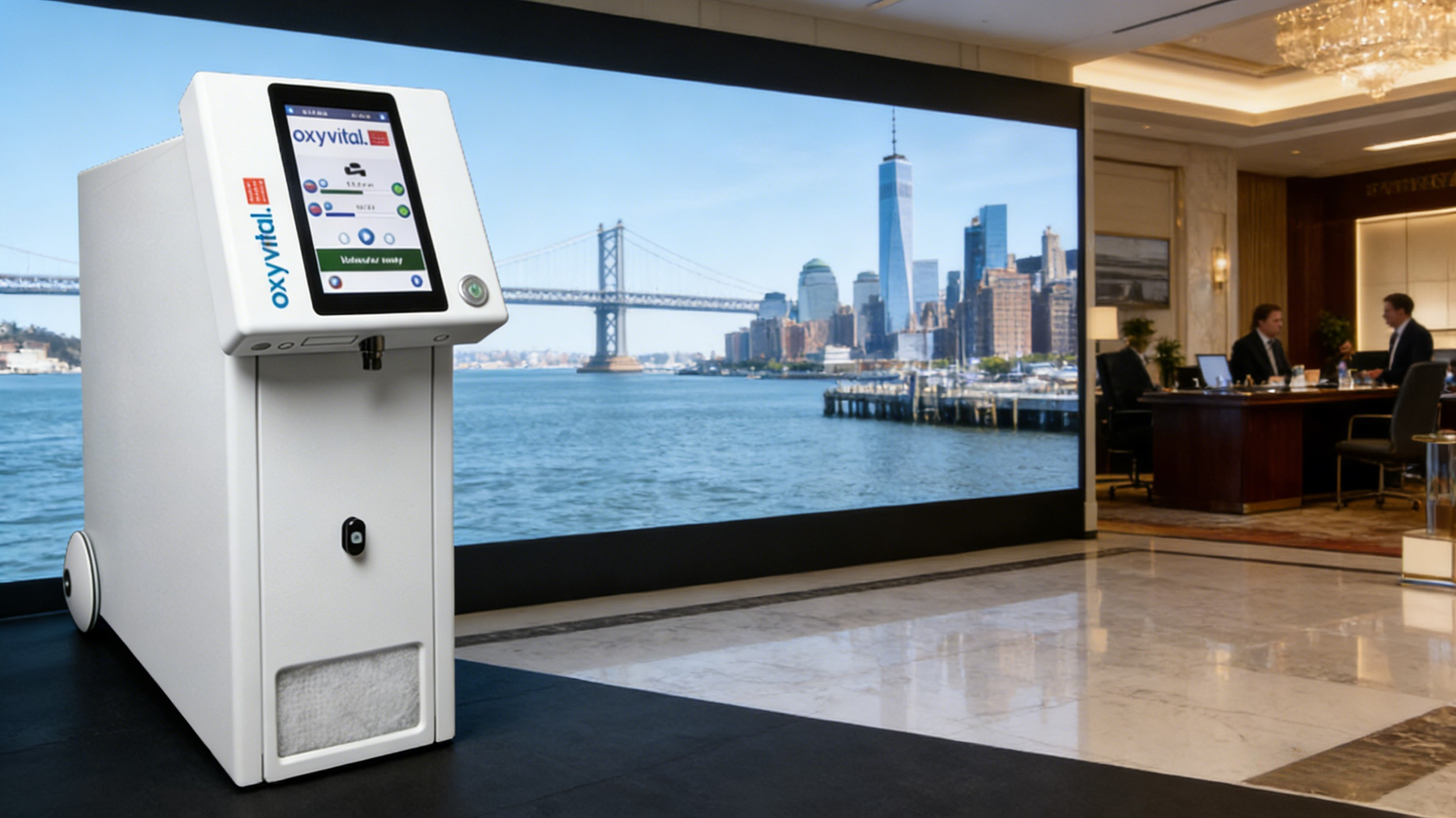 A portable oxygen concentrator with a digital display screen placed on a black floor near a large window with a city waterfront view.