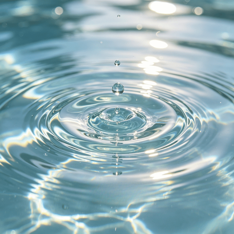 Close-up of water with ripples and droplets falling into the surface.