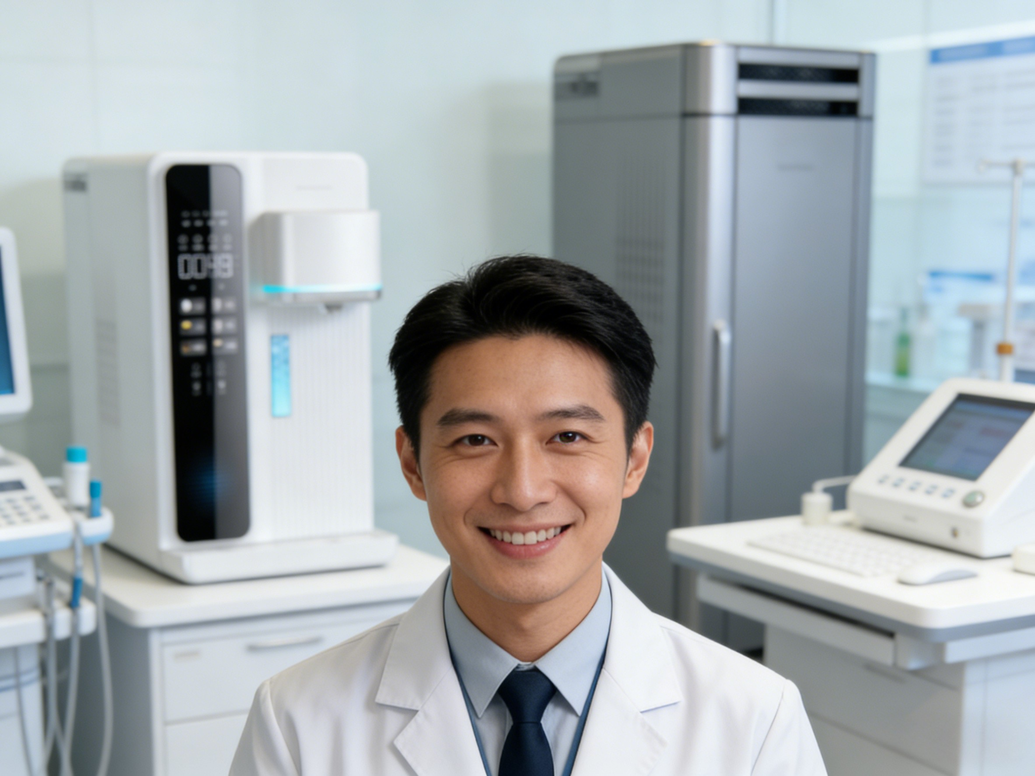 A smiling man in a lab coat in a medical or laboratory setting with various medical equipment and machinery behind him.