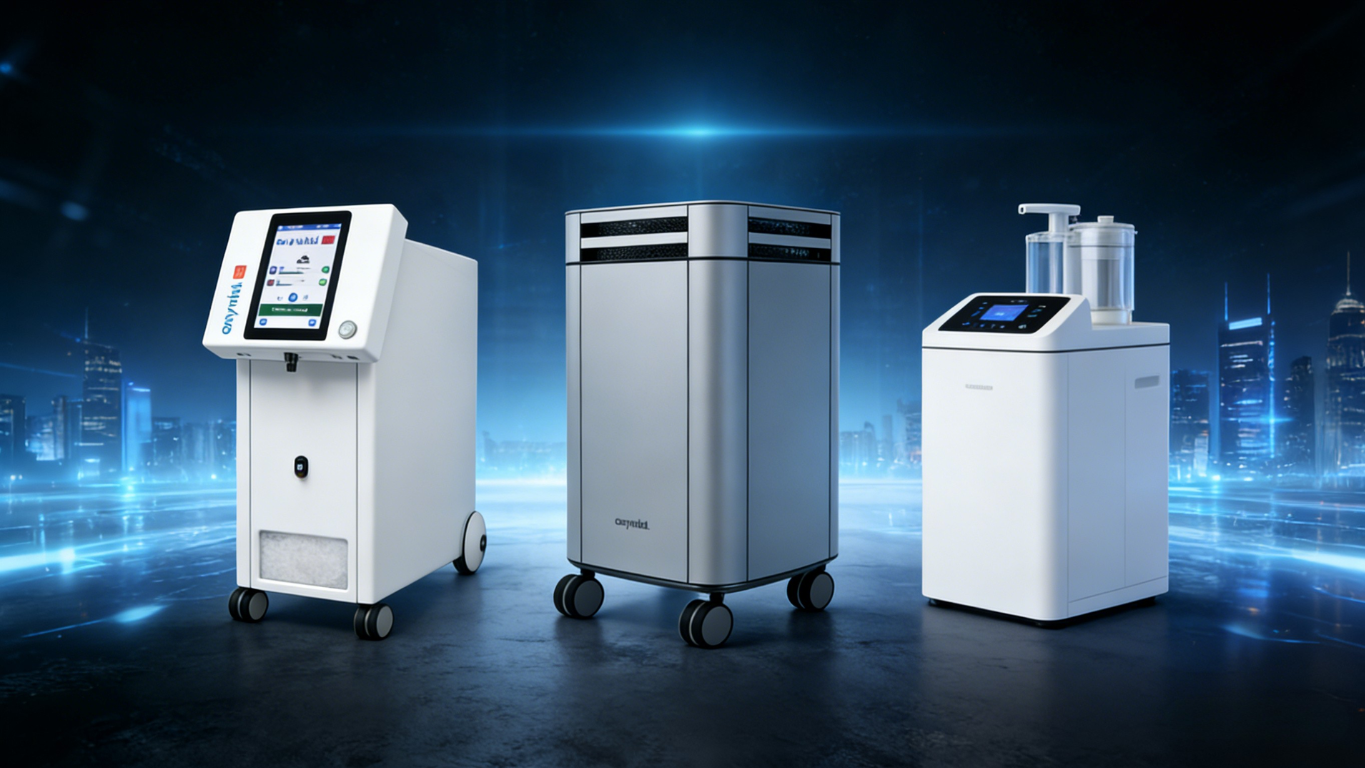 Three medical devices on wheels in a high-tech setting with a futuristic cityscape in the background.