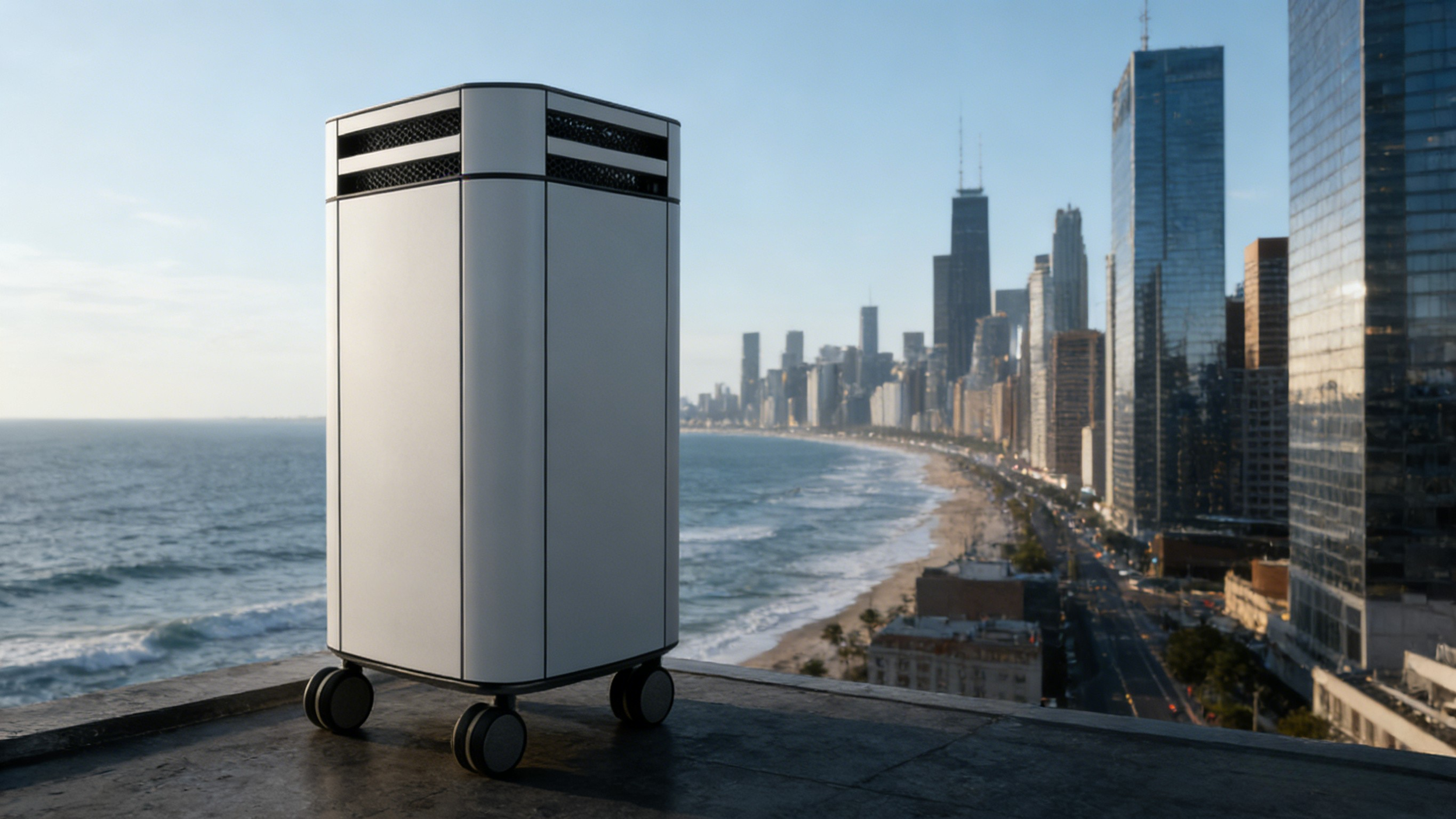 A white, modern, portable air purifier with black vents and four wheels, placed on a ledge overlooking a city skyline and ocean.