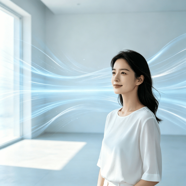 A woman standing in a bright, minimalistic room with large windows, with light blue digital wave lines emanating from her, suggesting clean air or technology.