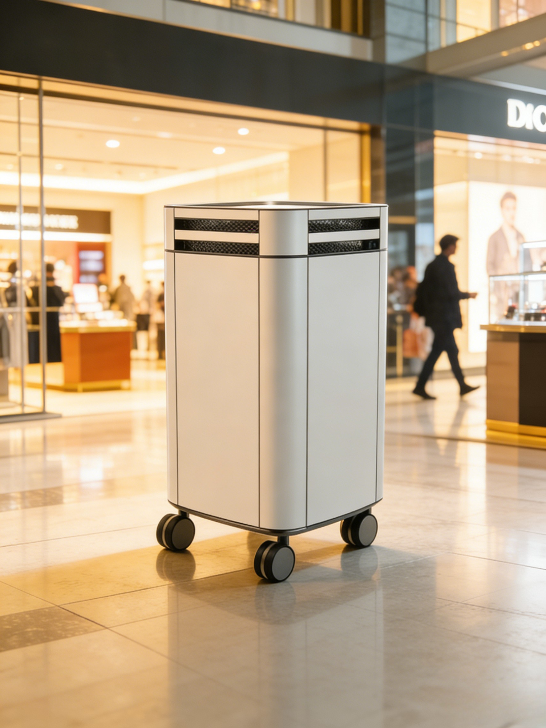 A modern air purifier on wheels in a shopping mall interior with people walking in the background.