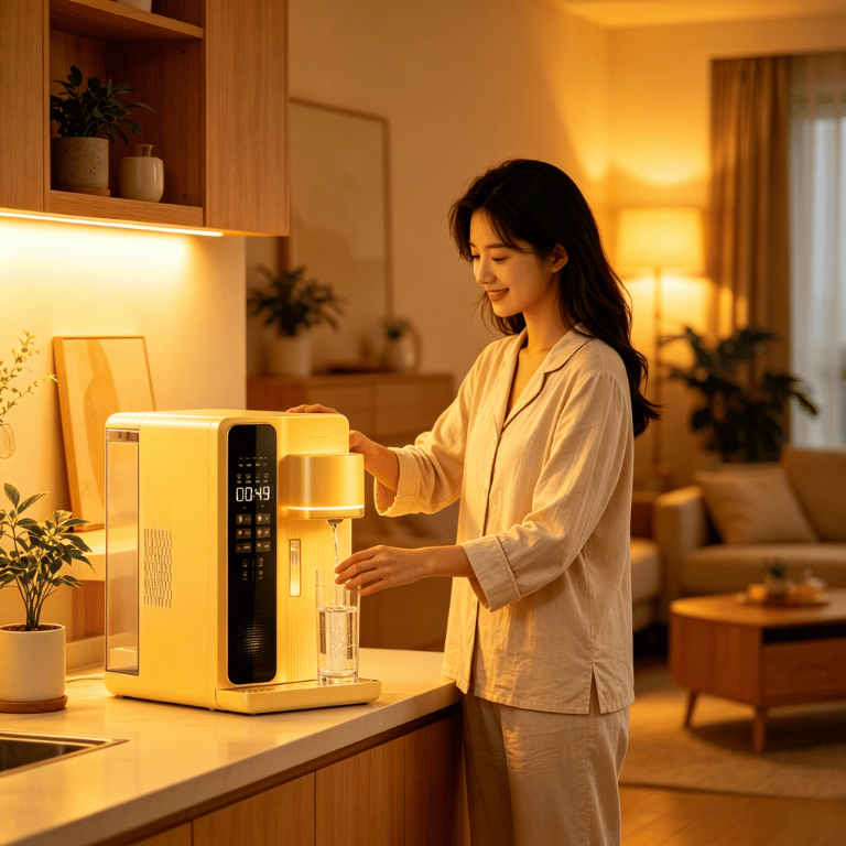 A woman in pajamas fills a glass with water from a modern, yellow water dispenser in a cozy, warmly lit living room.