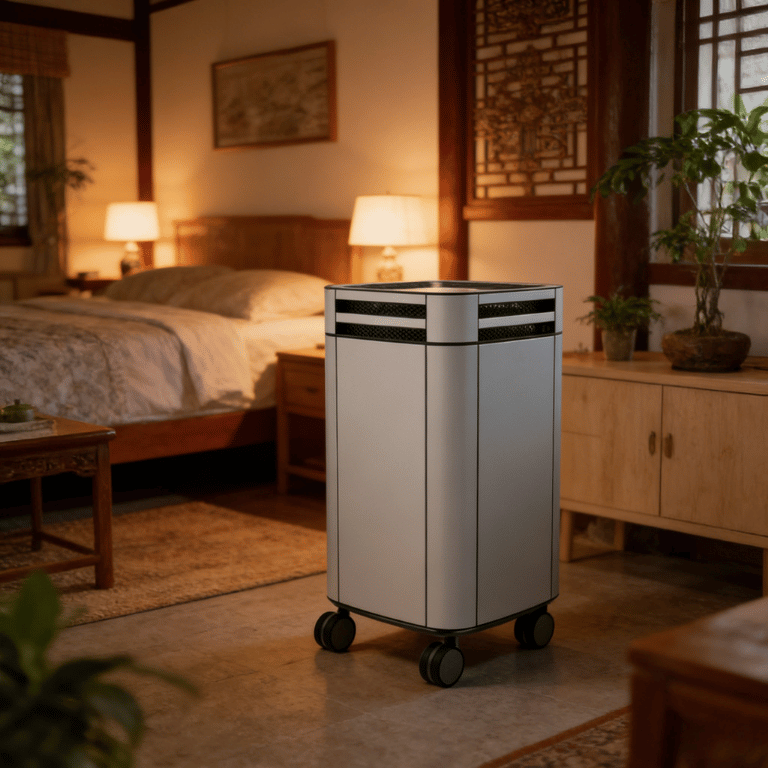 A portable air purifier in a bedroom with wooden furniture, plants, and warm lighting.