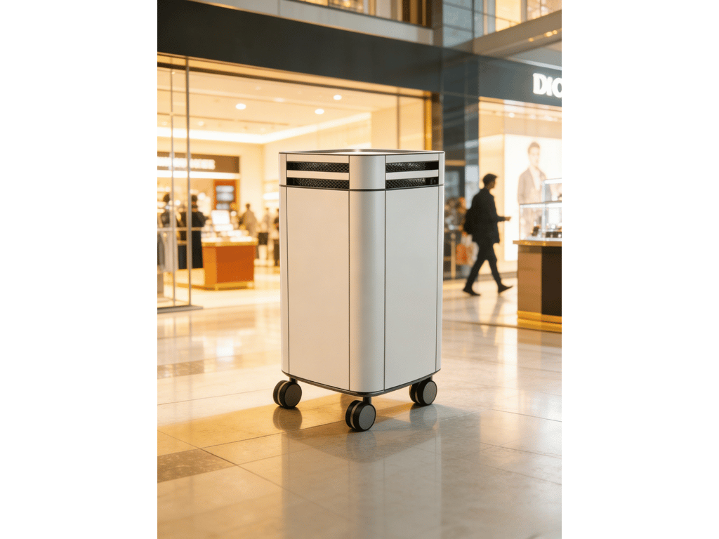 A white air purifier on wheels in a shopping mall aisle.
