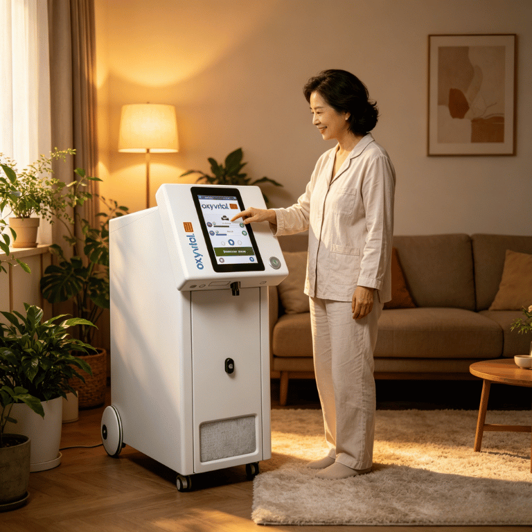 A woman in pajamas using a medical device with a touchscreen in her living room, which has a sofa, plants, and warm lighting.