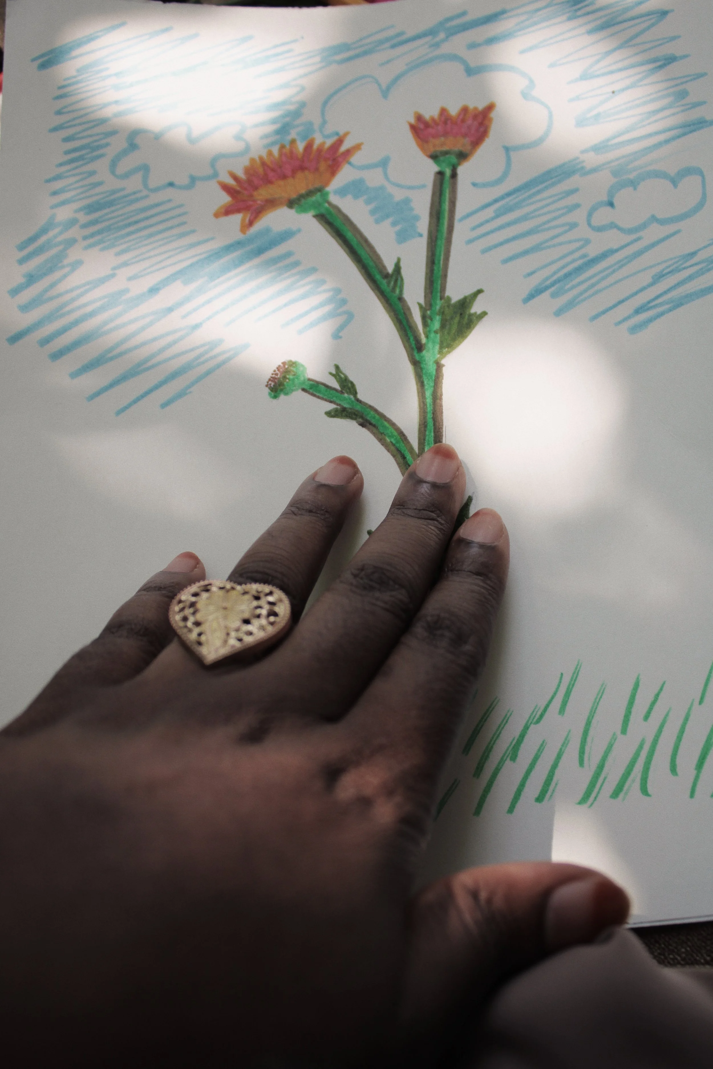 Drawn picture of a flowering green plant with red and pink flowers on a piece of paper, held down by a person's hand with a decorative ring.