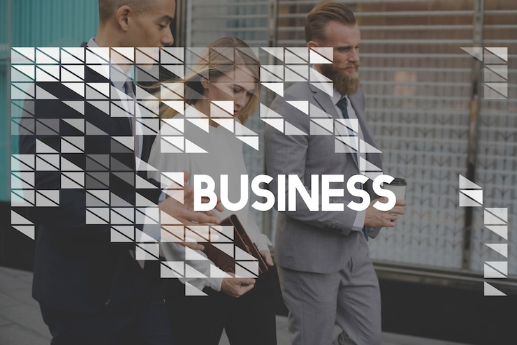 Three business professionals standing outdoors, one holding a tablet and another holding a coffee cup, with the word 'BUSINESS' overlayed on the image.