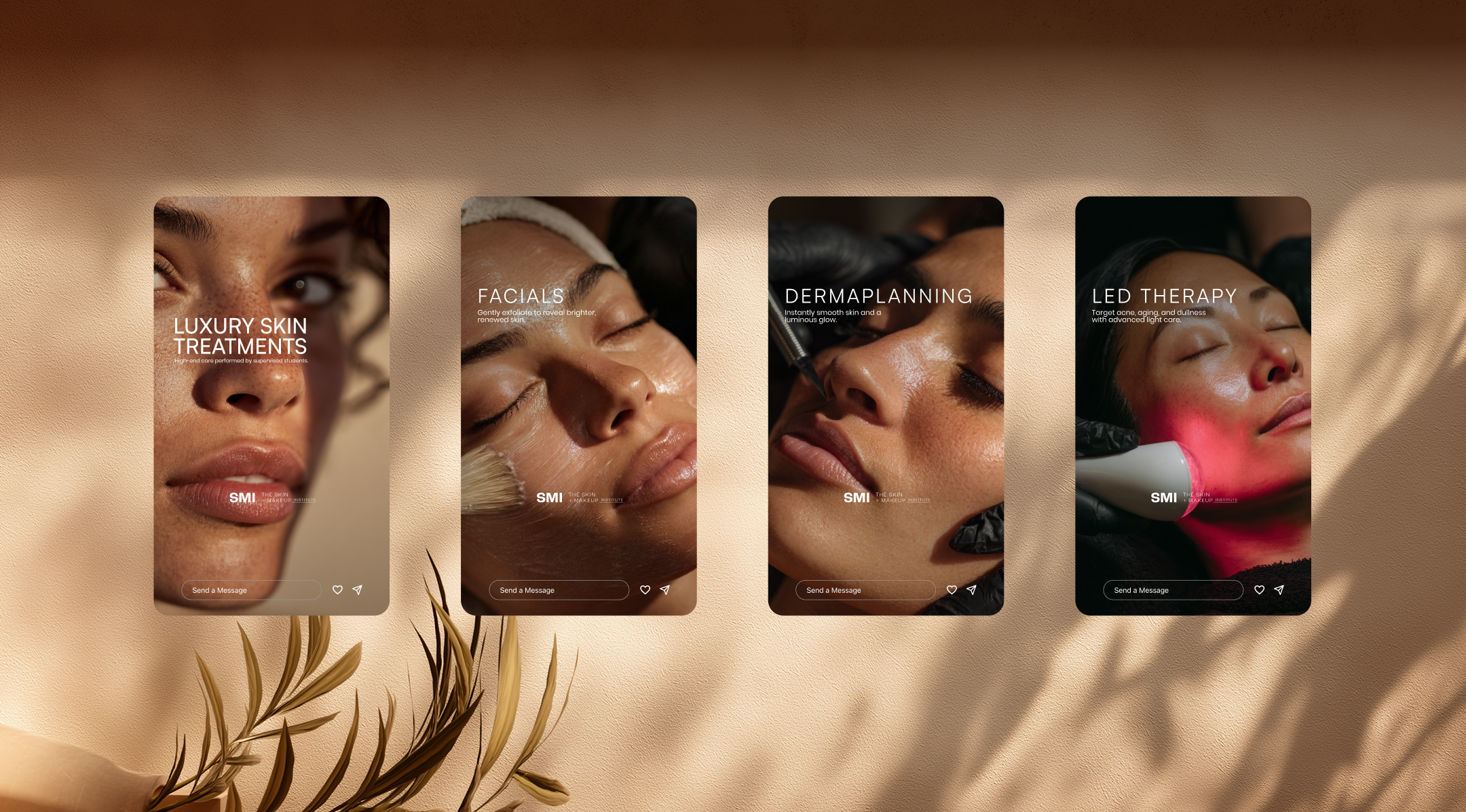 Four vertical screens showing different aesthetic treatments: luxury skin treatments, facials, dermaplaning, and LED therapy, set on a beige background with shadow and plant shadows.