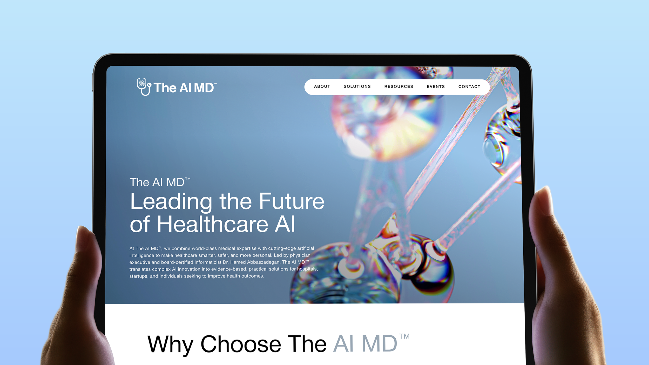 Close-up of a handheld tablet displaying a website for The AI MD, with a background of DNA strands and colorful reflections.
