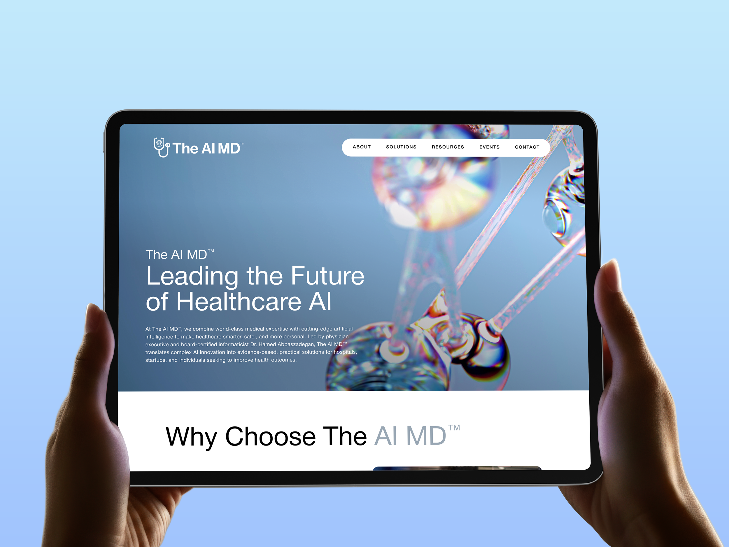 A person holds a tablet device displaying a website for The AI MD, which features a visual of a DNA double helix and text about leading the future of healthcare AI.