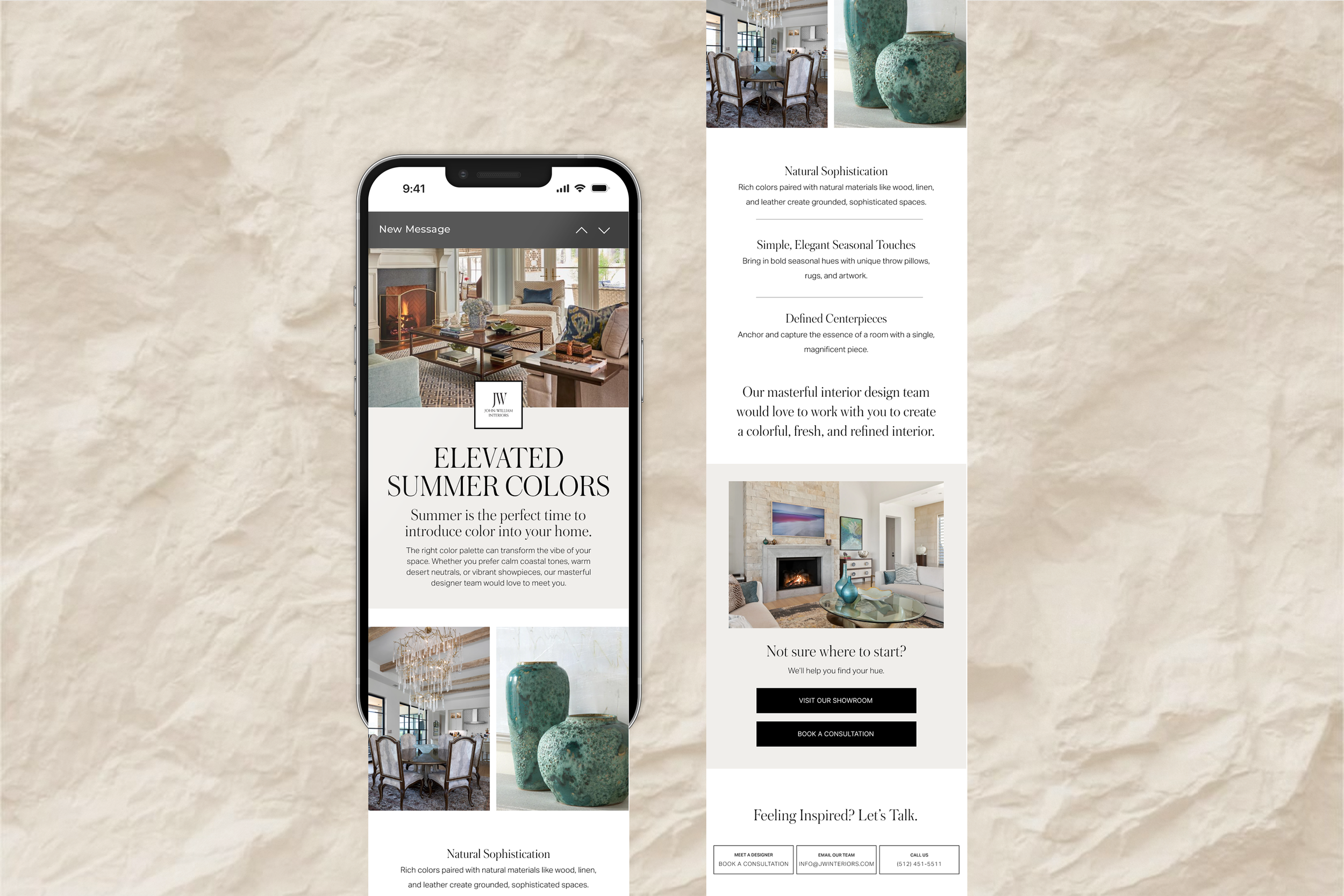 Design of an interior decorating website displayed on a smartphone and a vertical scroll page. The smartphone shows a living room with a fireplace, books, and floral arrangement, with the text "Elevated Summer Colors" and details about interior design. The scroll page features images of decorated living rooms, vases, and text about natural materials, seasonal touches, and interior design services, with options to visit a showroom or book a consultation.