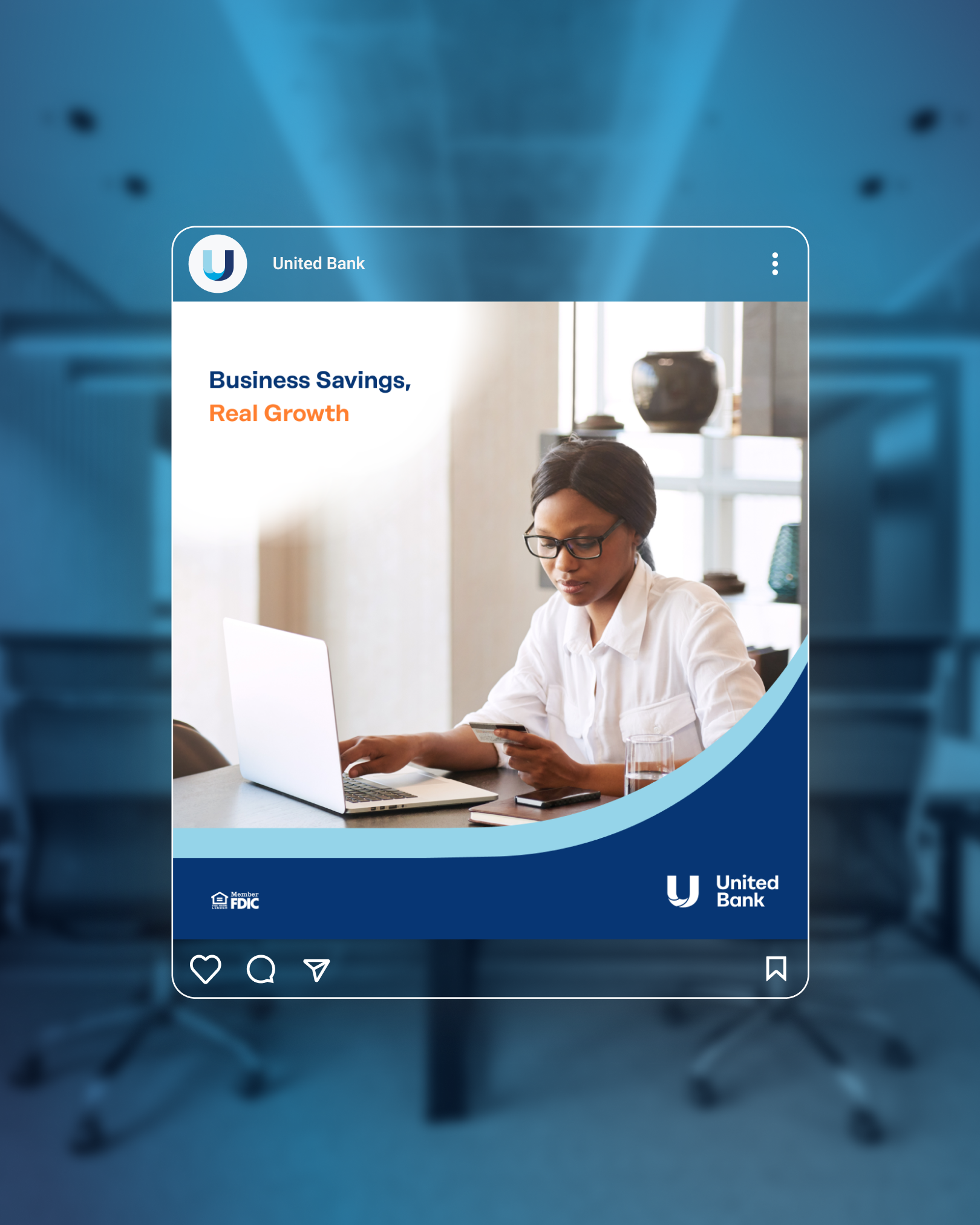 United Bank of West Michigan Paid Advertising showing a woman sitting at a desk using a laptop computer and holding a credit card, with a glass of water nearby. The background shows a window with bright light.