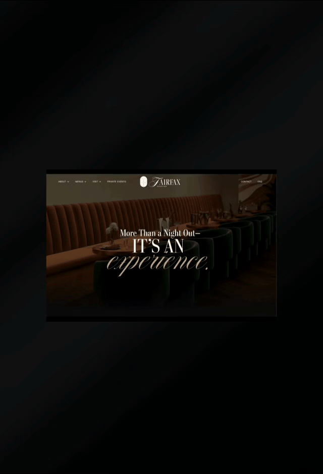 Website homepage for Fairfax Cocktail Bar in Houston, featuring a cozy restaurant interior with plush seating and a message about a fine dining experience.