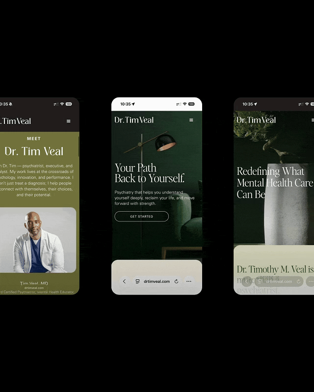 Three smartphone screens displaying a mental health professional's website, featuring a photo of Dr. Tim Veal on the left, the phrase "Your Path Back to Yourself" in the center, and Brandon the right, with a focus on mental health services.