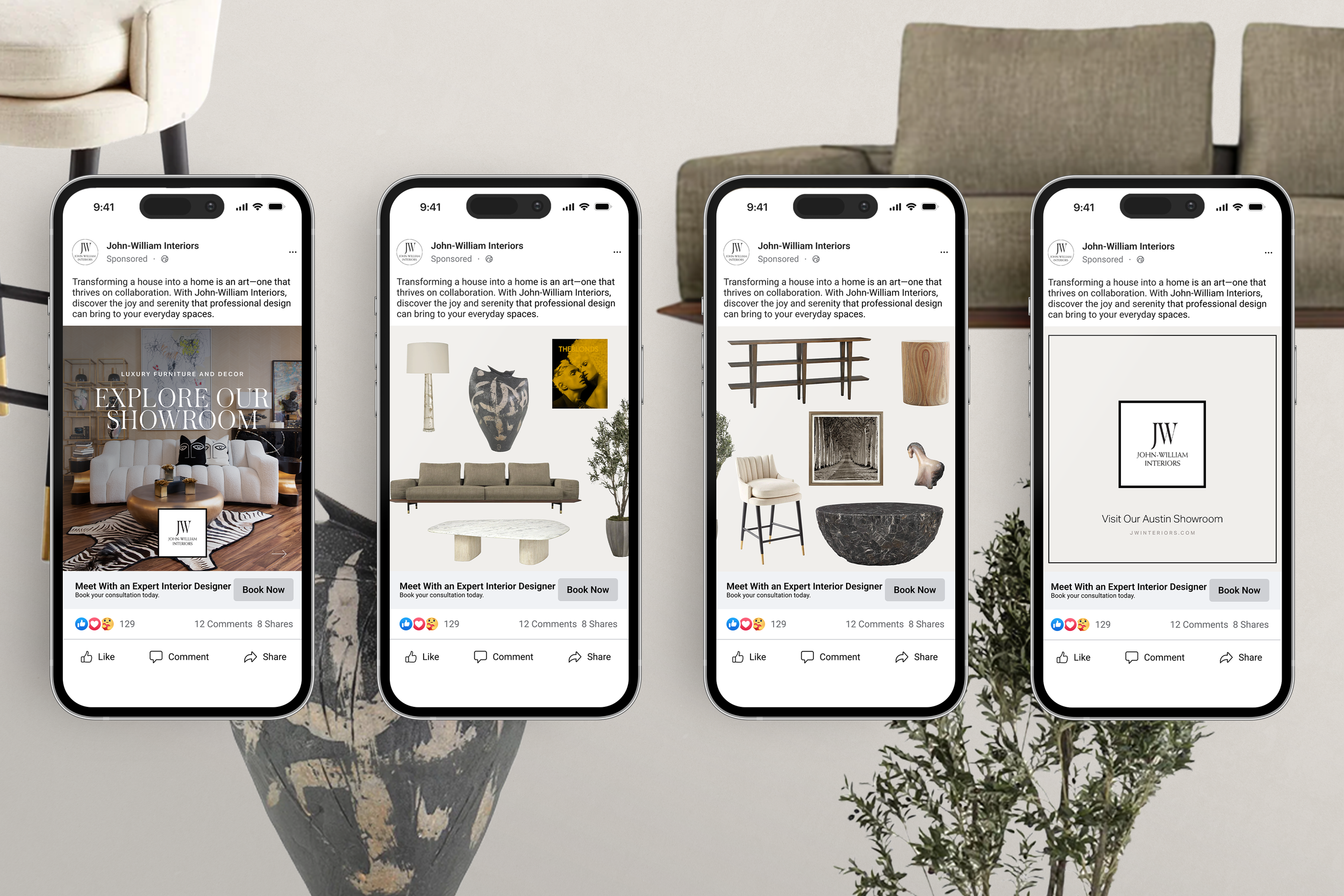 Four smartphone screens displaying interior design advertisements from John-William Interiors, featuring showroom images, furniture pieces, and contact options, arranged in front of a houseplant and art on a white wall.