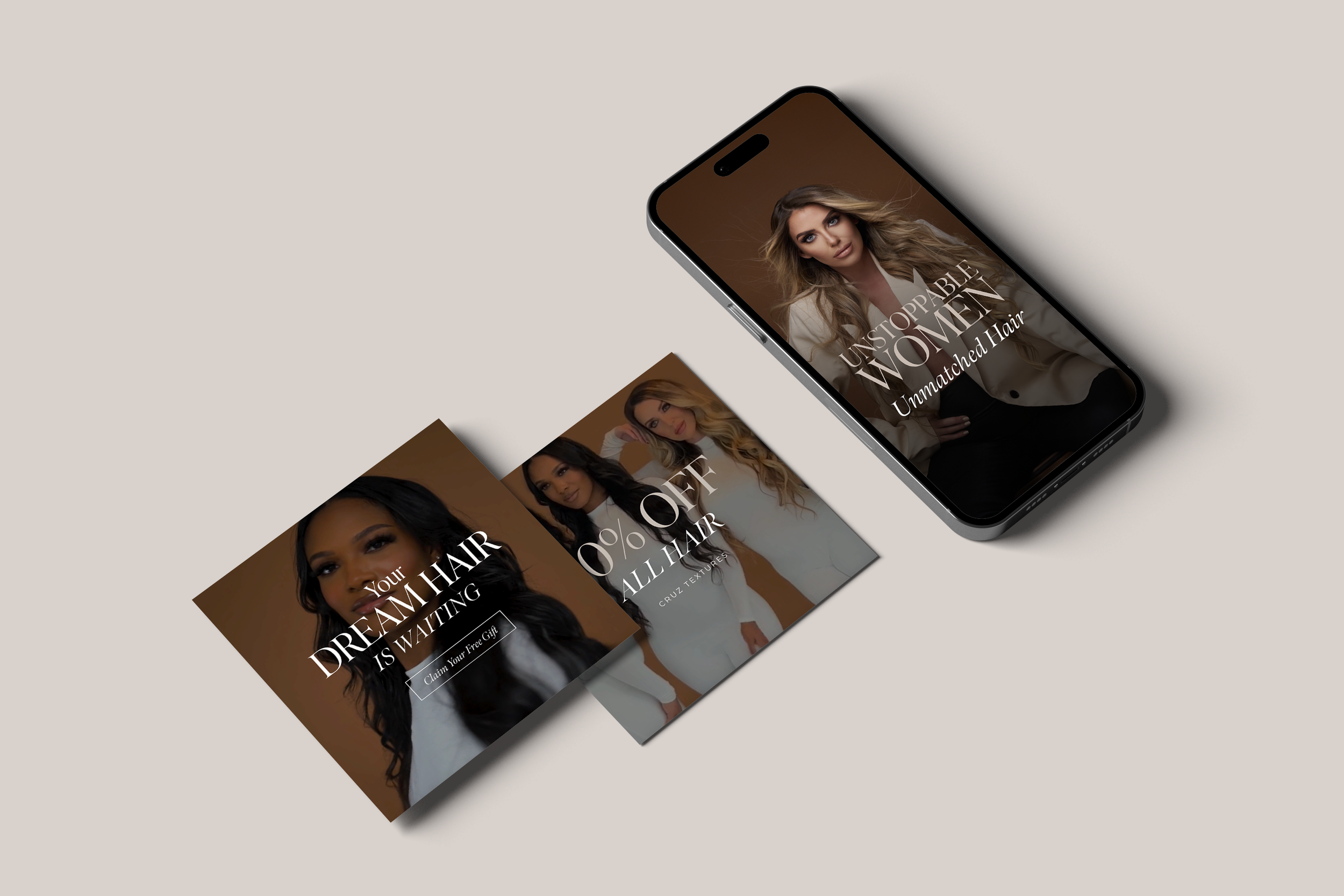 Smartphone displaying a woman with styled hair and the text "UNSTOPPABLE WOMEN Unmatched Hair" surrounded by promotional cards showcasing hairstyles and discounts in a marketing setting.