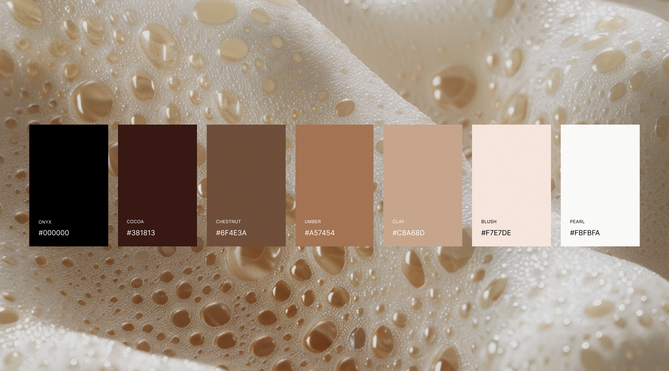 Close-up of a frothy beverage with bubbles and foam in a neutral beige color, with a color palette overlay featuring black, dark brown, brown, tan, light beige, pinkish, and off-white shades.