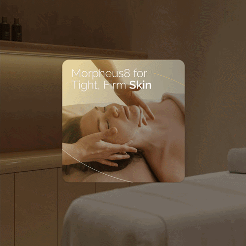 Overlay advertisement for Med Aesthetics Miami showing a woman receiving facial treatment, promoting Morpheus8 for tight, firm skin.
