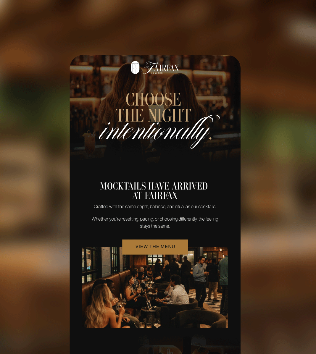 A promotional poster for Fairfax bar encouraging night-time drink choices, featuring an image of people socializing in a dimly lit bar and a call to action button saying 'View the Menu'.