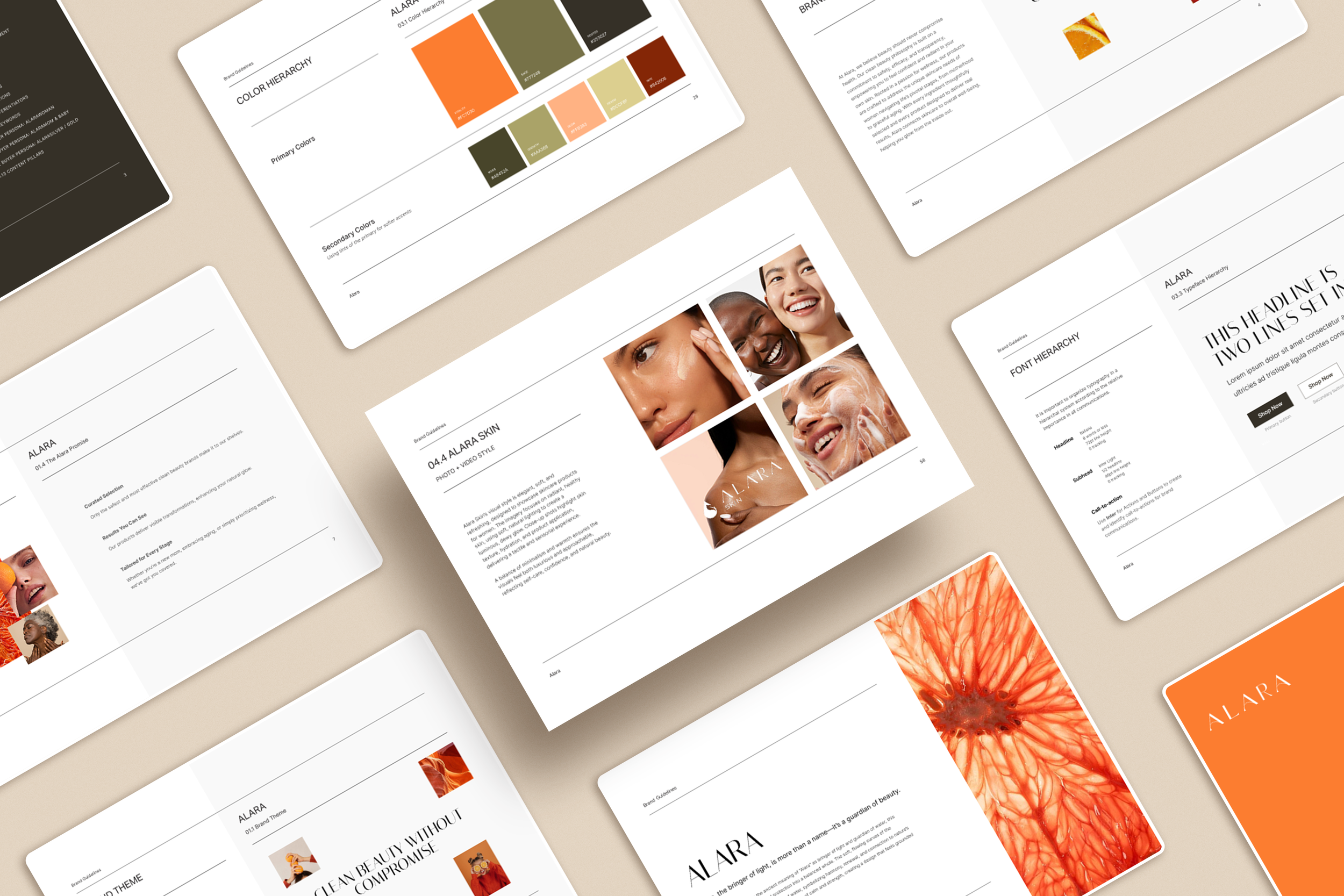 ALARA Beauty brand guidelines, visual identity system and brand positioning work.