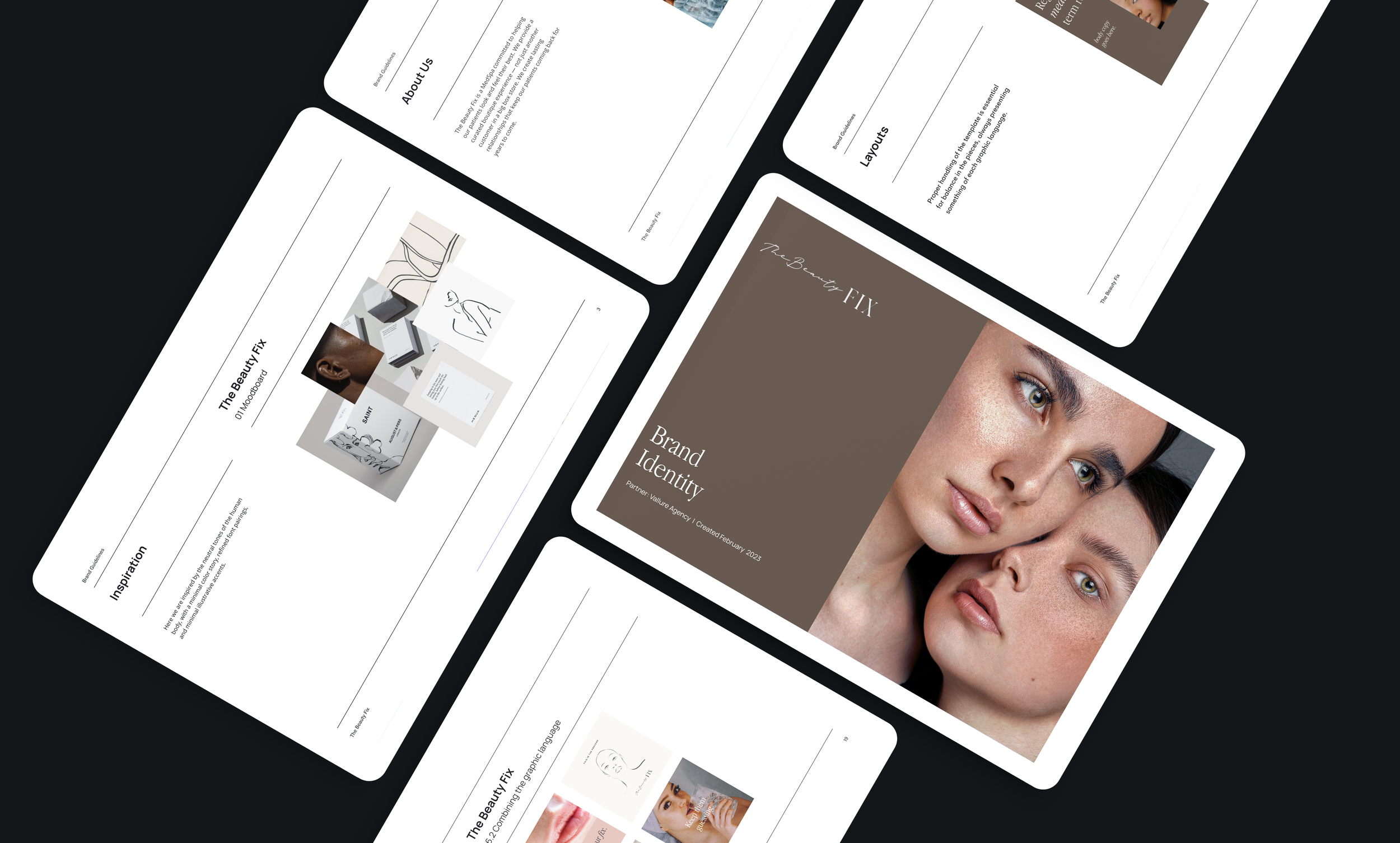 Multiple presentation slides spread out on a dark surface, including a brand identity report, beauty product layout, and a page titled 'Inspiration' with images of beauty products and abstract lines.
