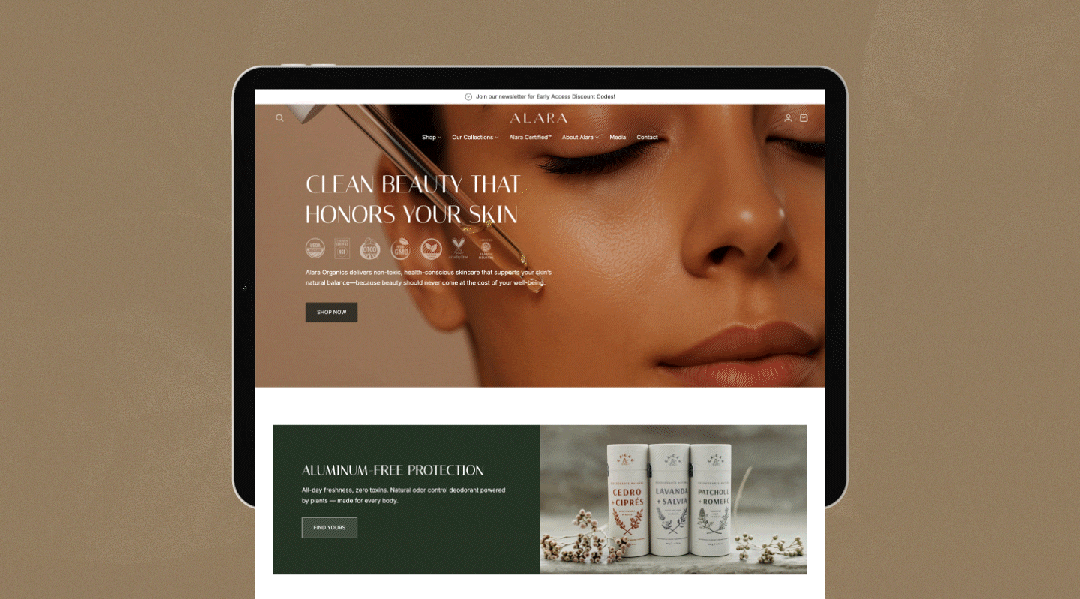 A computer screen displaying a skincare product website with a close-up of a woman's face and skincare products for ALARA Beauty