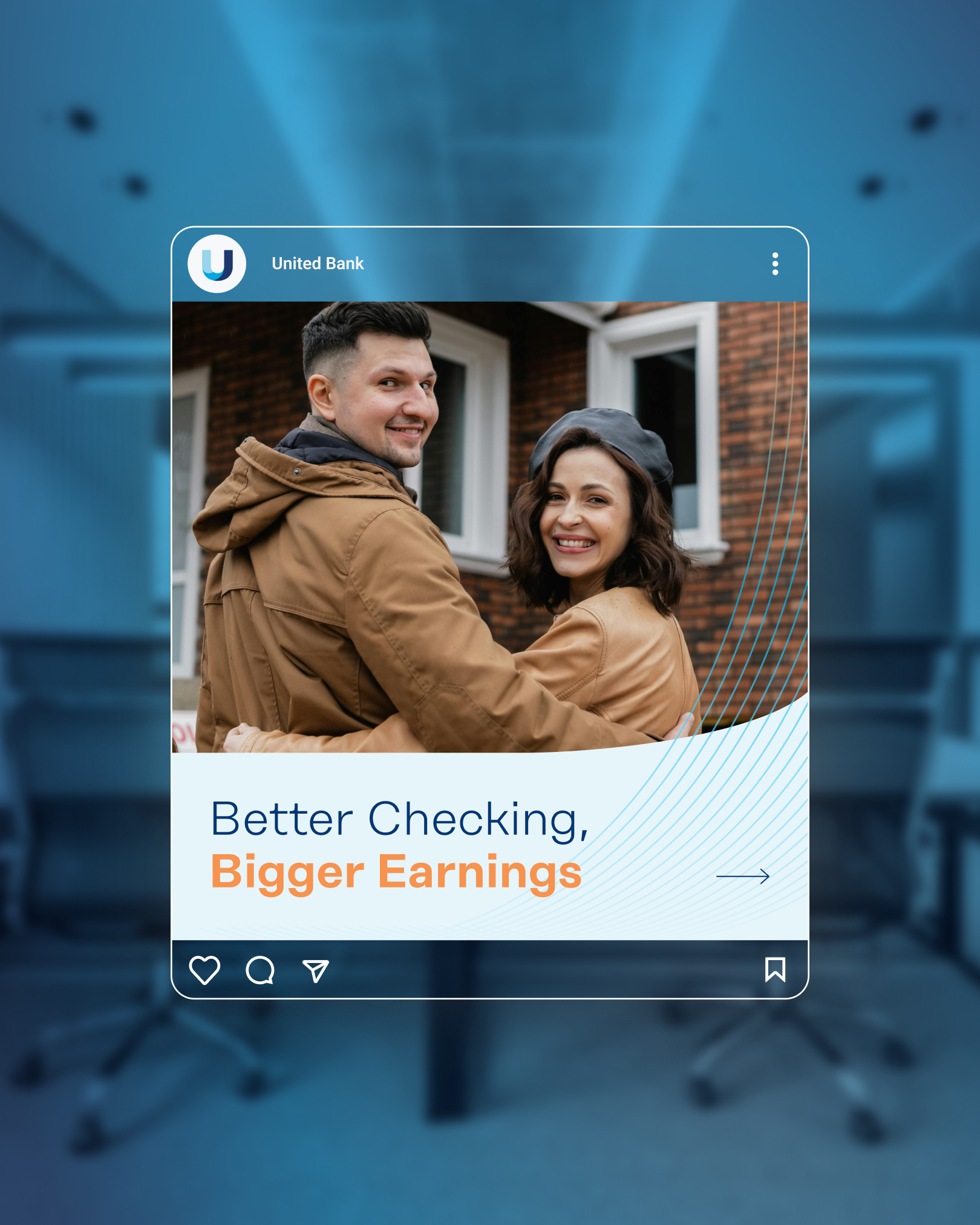 A promotional image for United Bank with a smiling man and woman standing outside a house, wearing jackets, in front of a brick house with white windows. The text reads: 'Better Checking, Bigger Earnings' with icons at the bottom for social media and other features.
