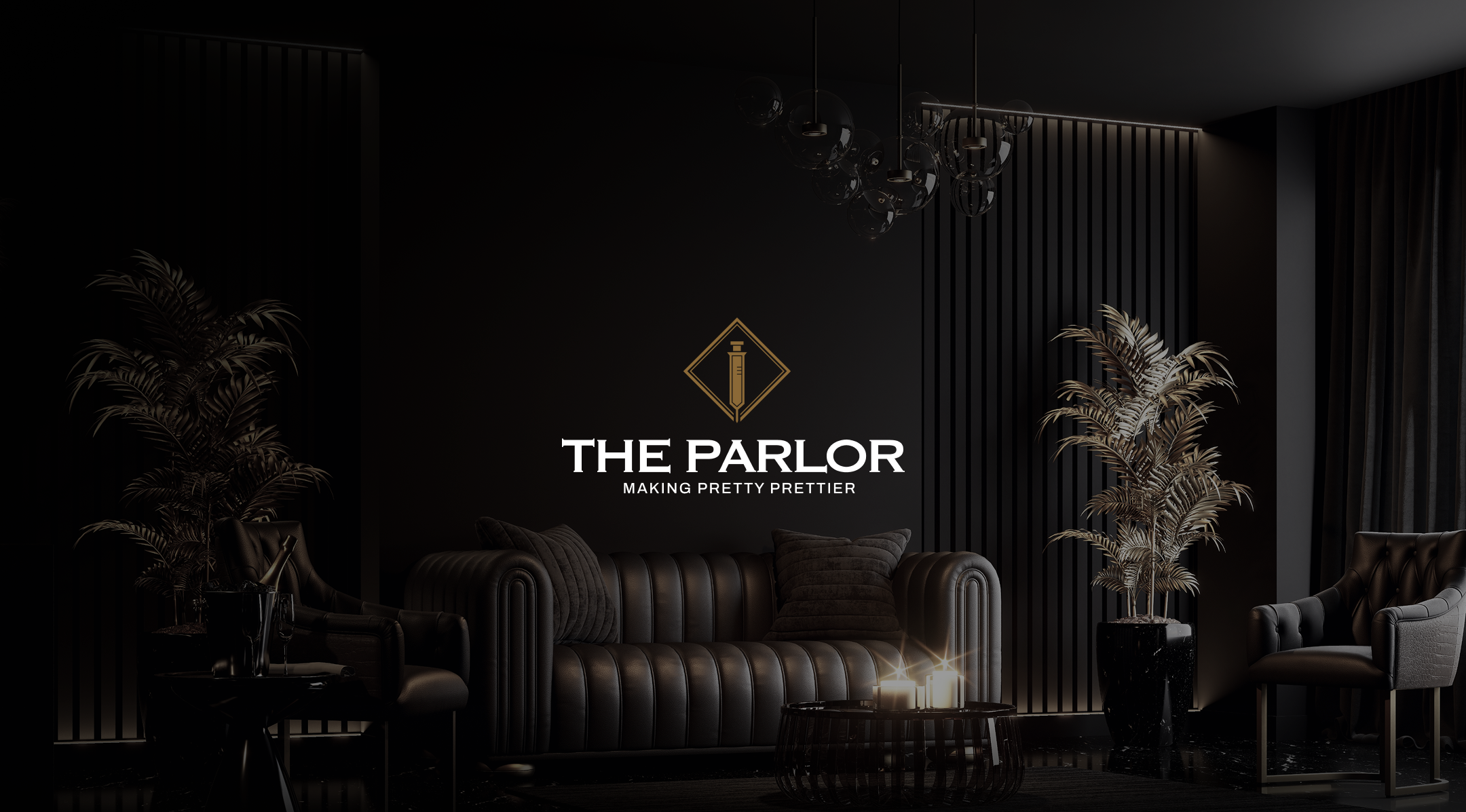 Luxury living room with black leather furniture and tall potted plants, featuring a modern chandelier, dark curtains, and the logo for The Parlor, with the slogan "Making Pretty Prettier."