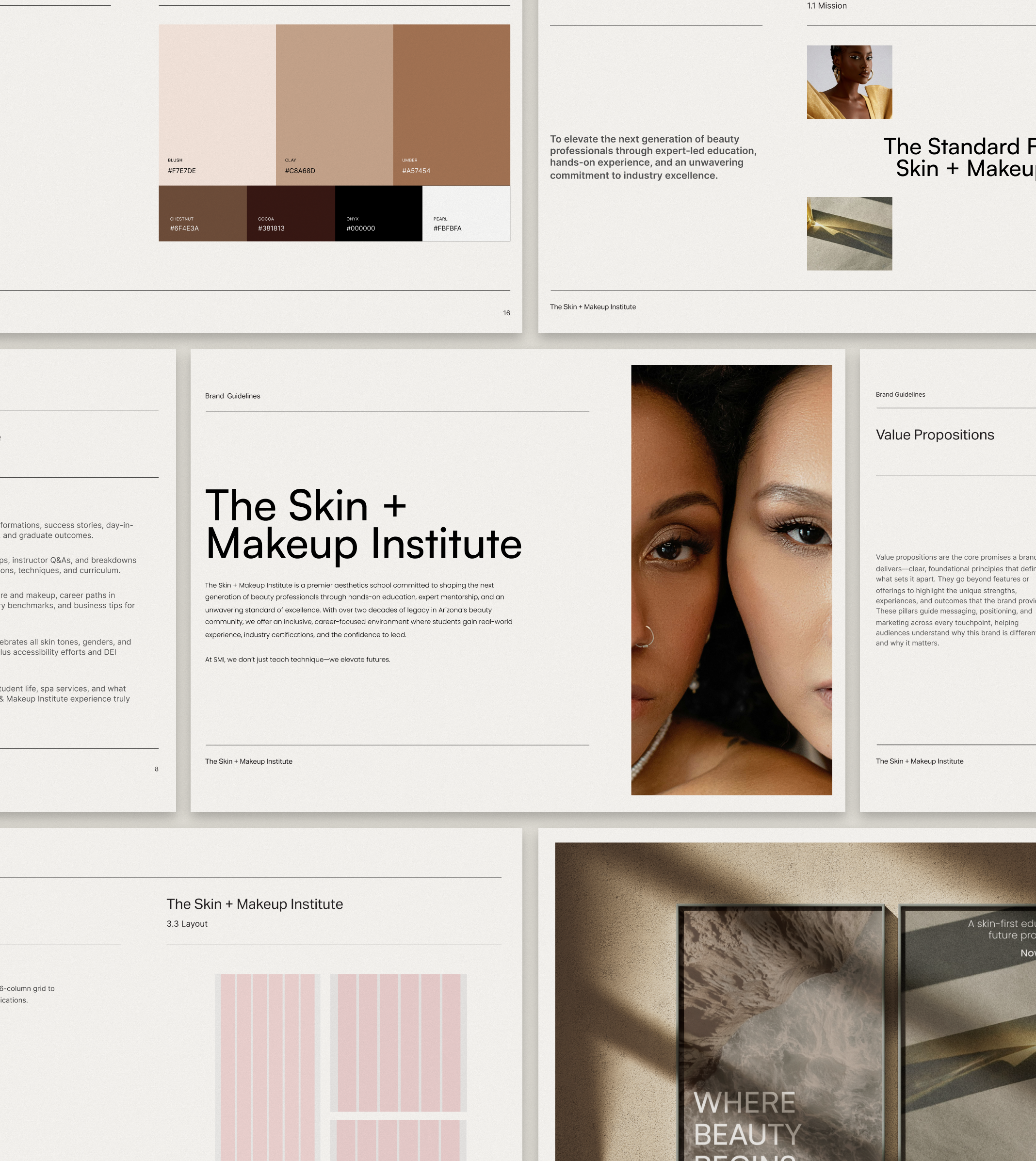 Collage of pages from a design brochure for The Skin + Makeup Institute featuring color palettes, photos of models, and textual information about the institute's mission, values, and layout.