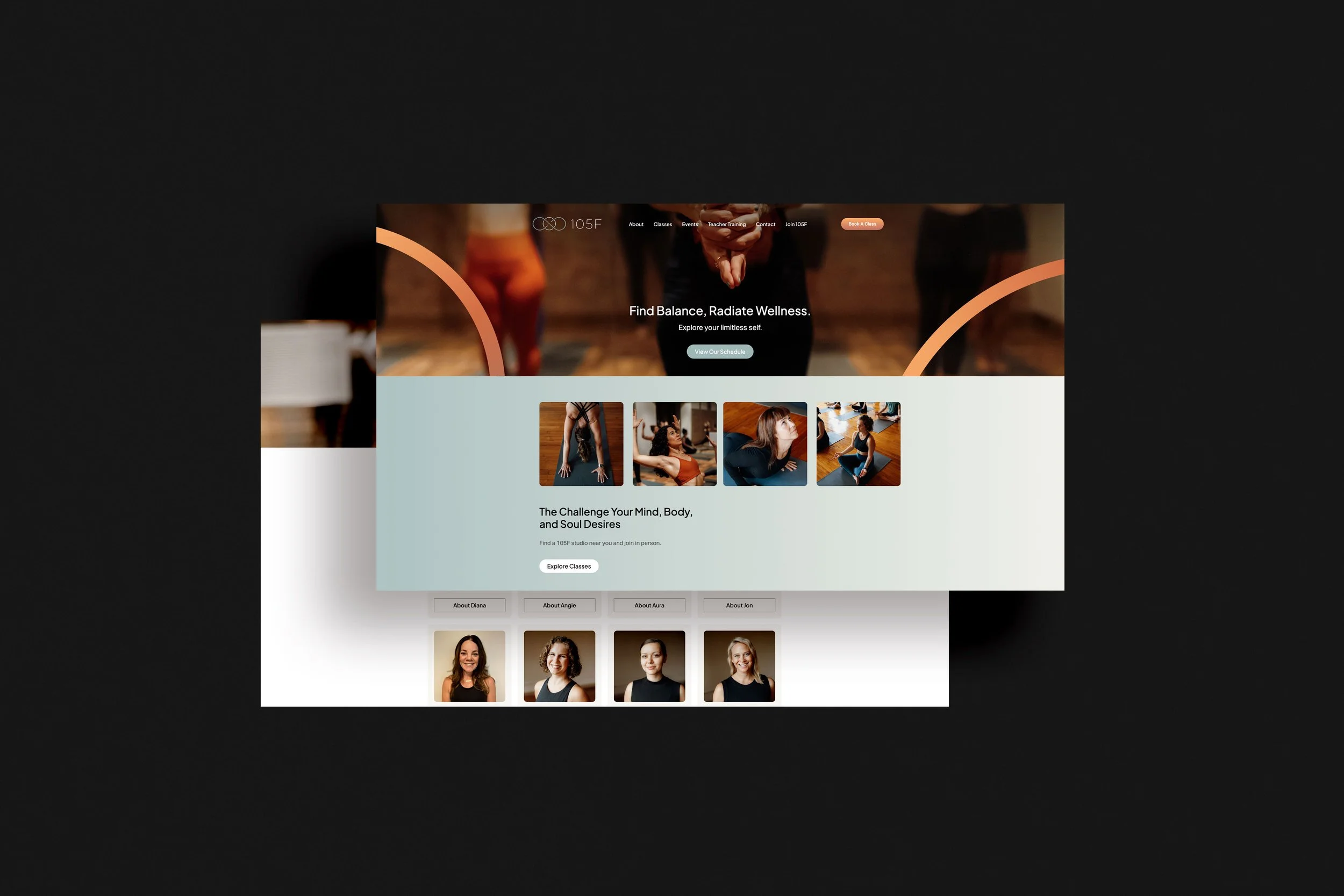Screenshot of 105F hot yoga and pilates website promoting balance and radiance with images of people practicing yoga and fitness activities