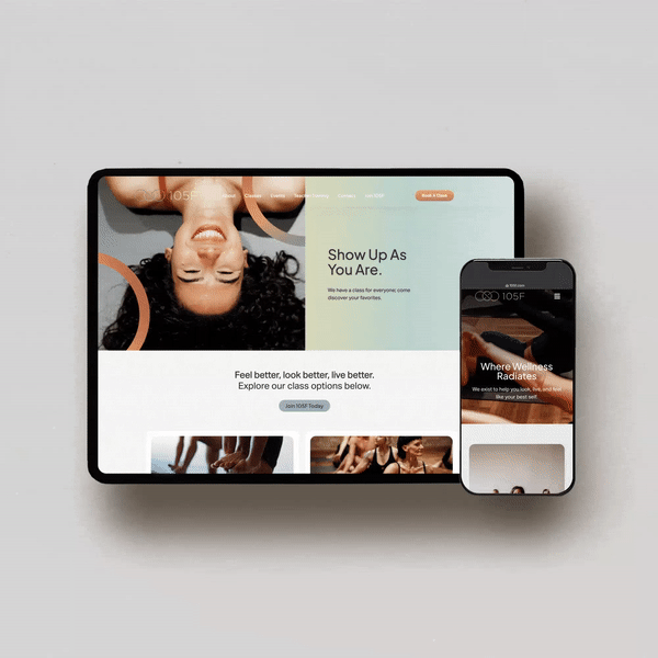 A tablet and smartphone displaying 105F hot yoga and pilates website with images of smiling woman and people exercising.