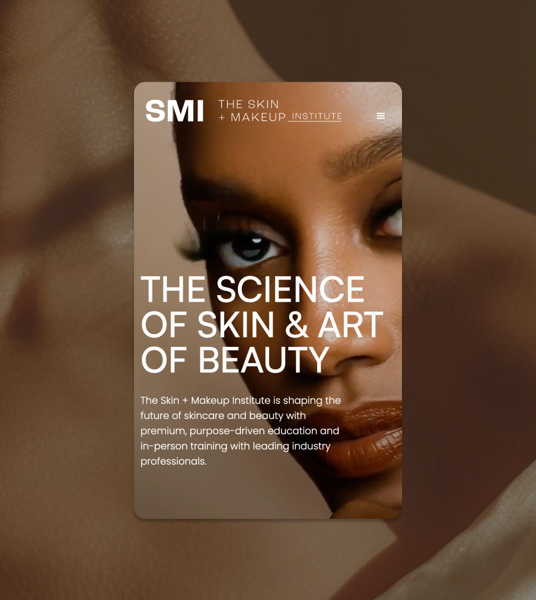 Close-up of a woman's face with makeup, partially obscured by promotional overlay for The Skin + Makeup Institute, featuring text about skin science and beauty education.