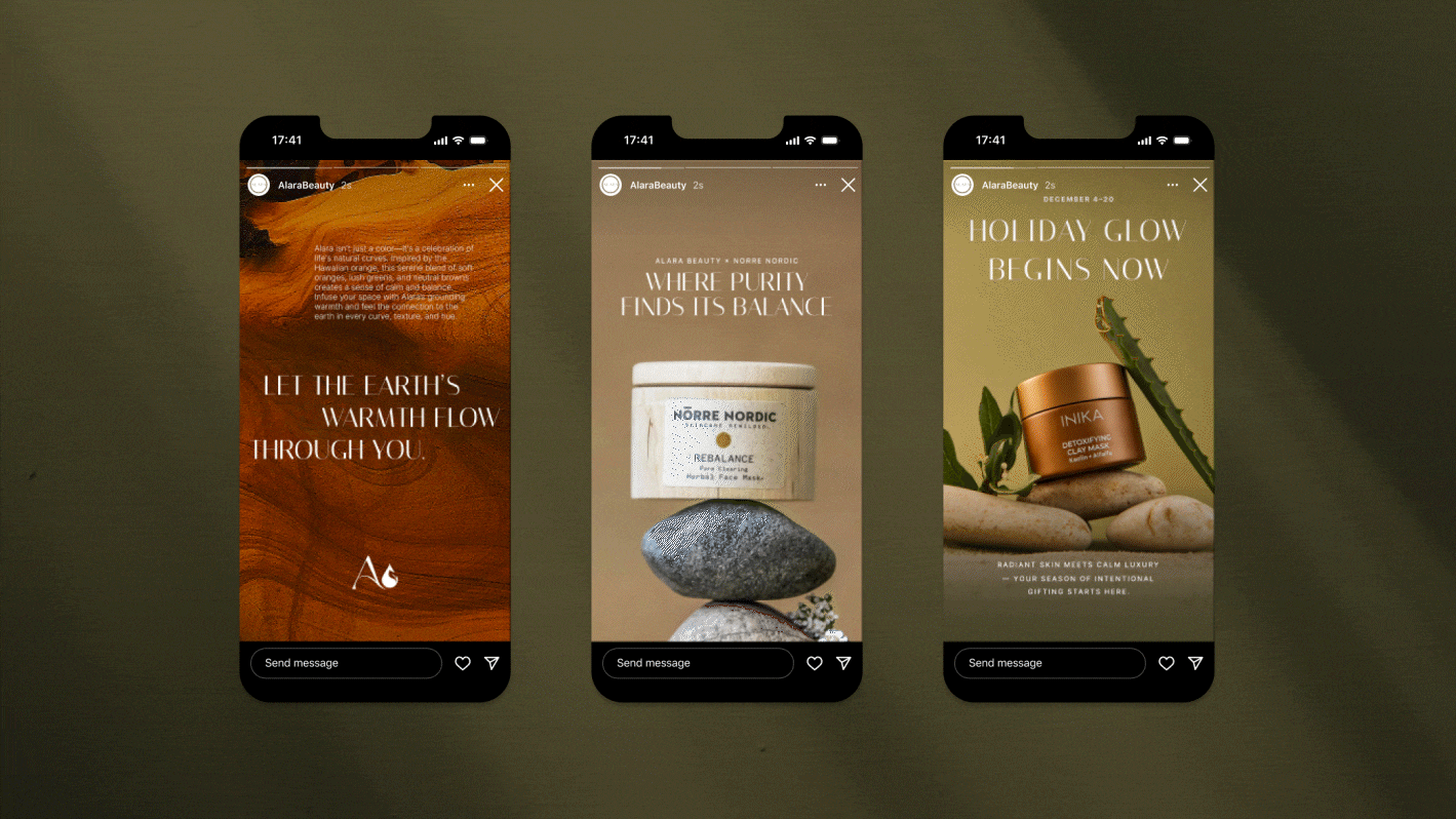 Three smartphone screens displaying skincare and beauty product advertisements from AlaraBeauty, with themes of earth tones and natural ingredients