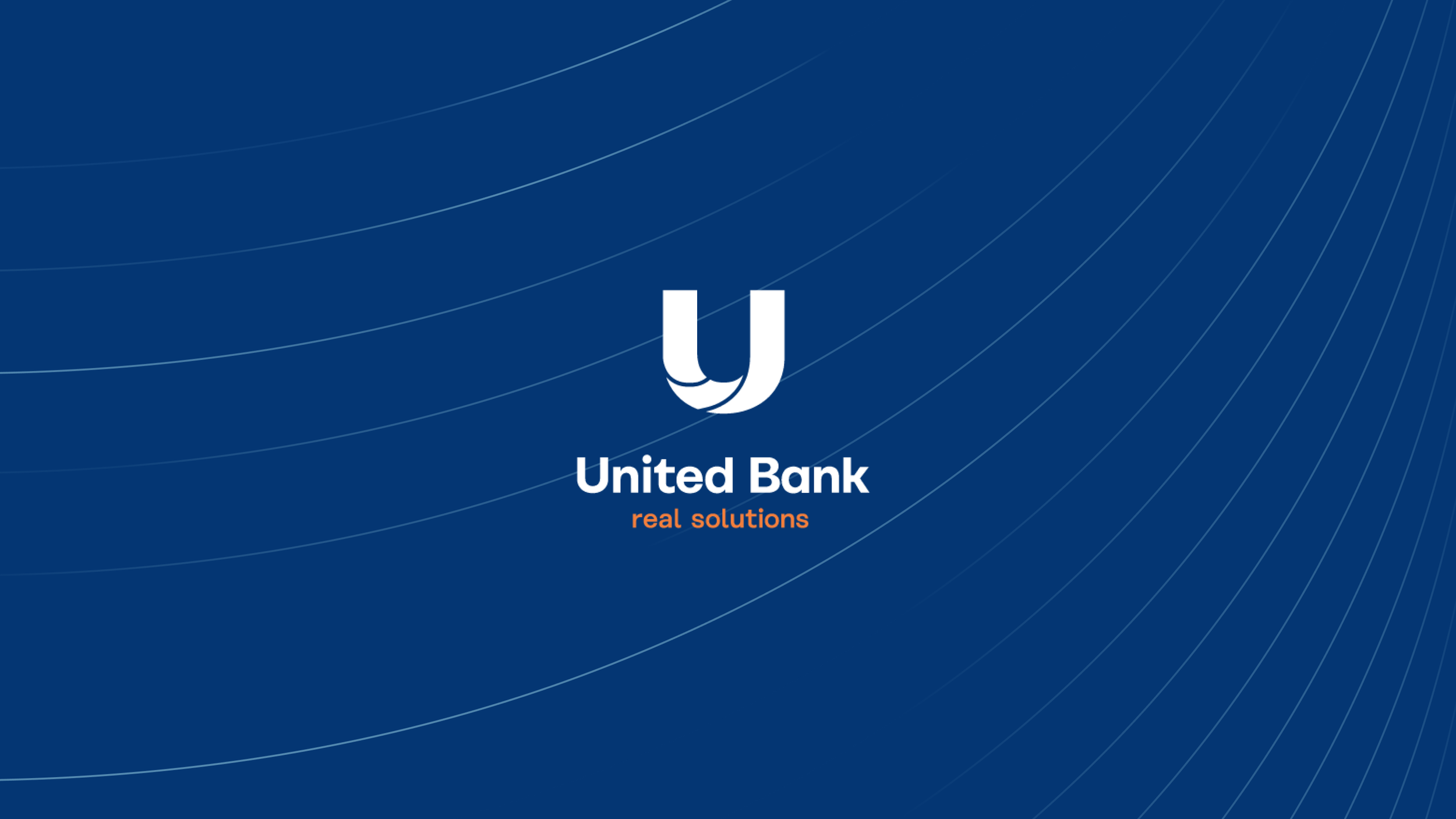 United Bank logo with the tagline 'real solutions' on a blue background with curved lines.