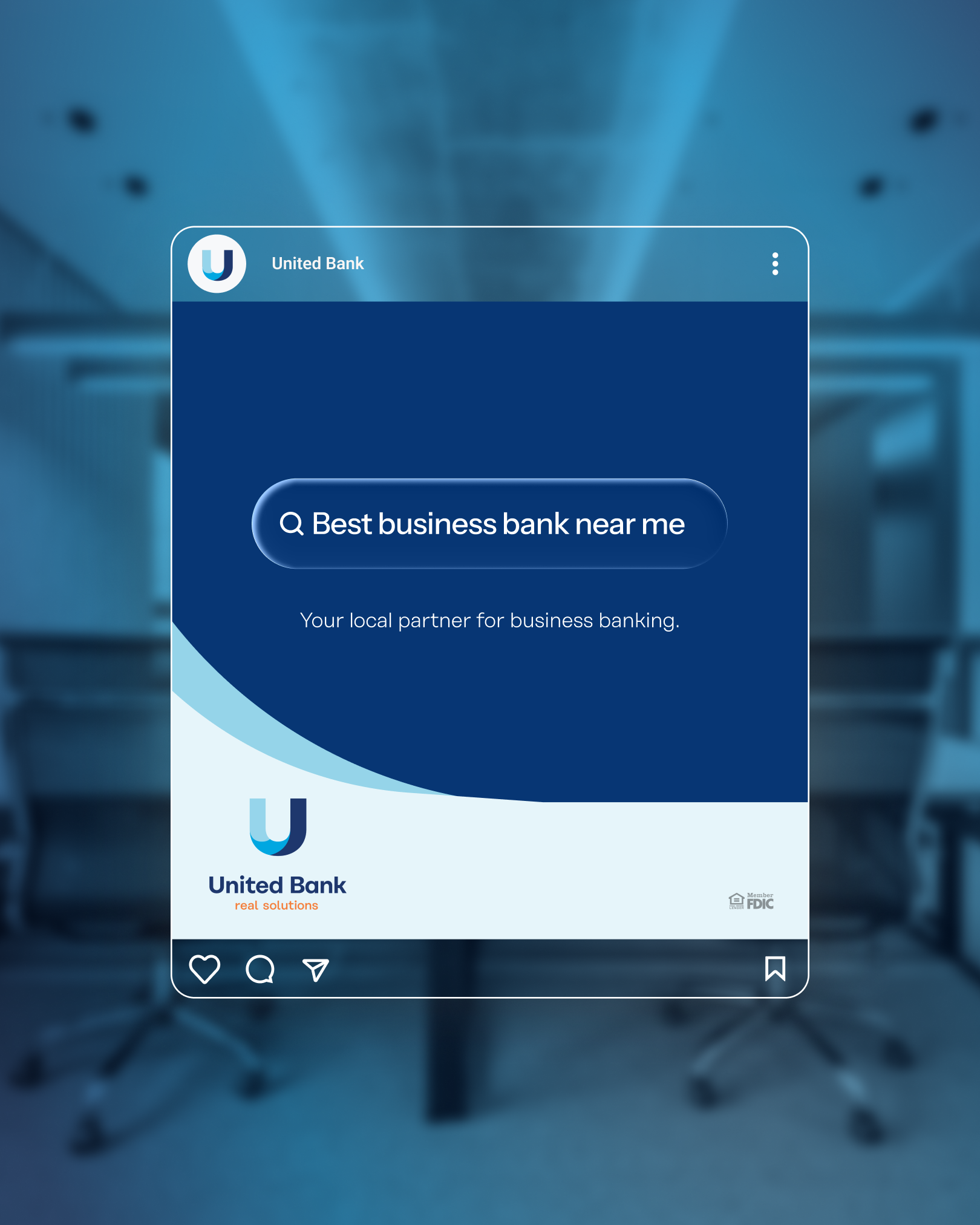 United Bank of West Michigan Paid Advertising showing a search bar with the text 'Best business bank near me,' and the tagline 'Your local partner for business banking.' The background appears to be a blurred architectural setting.
