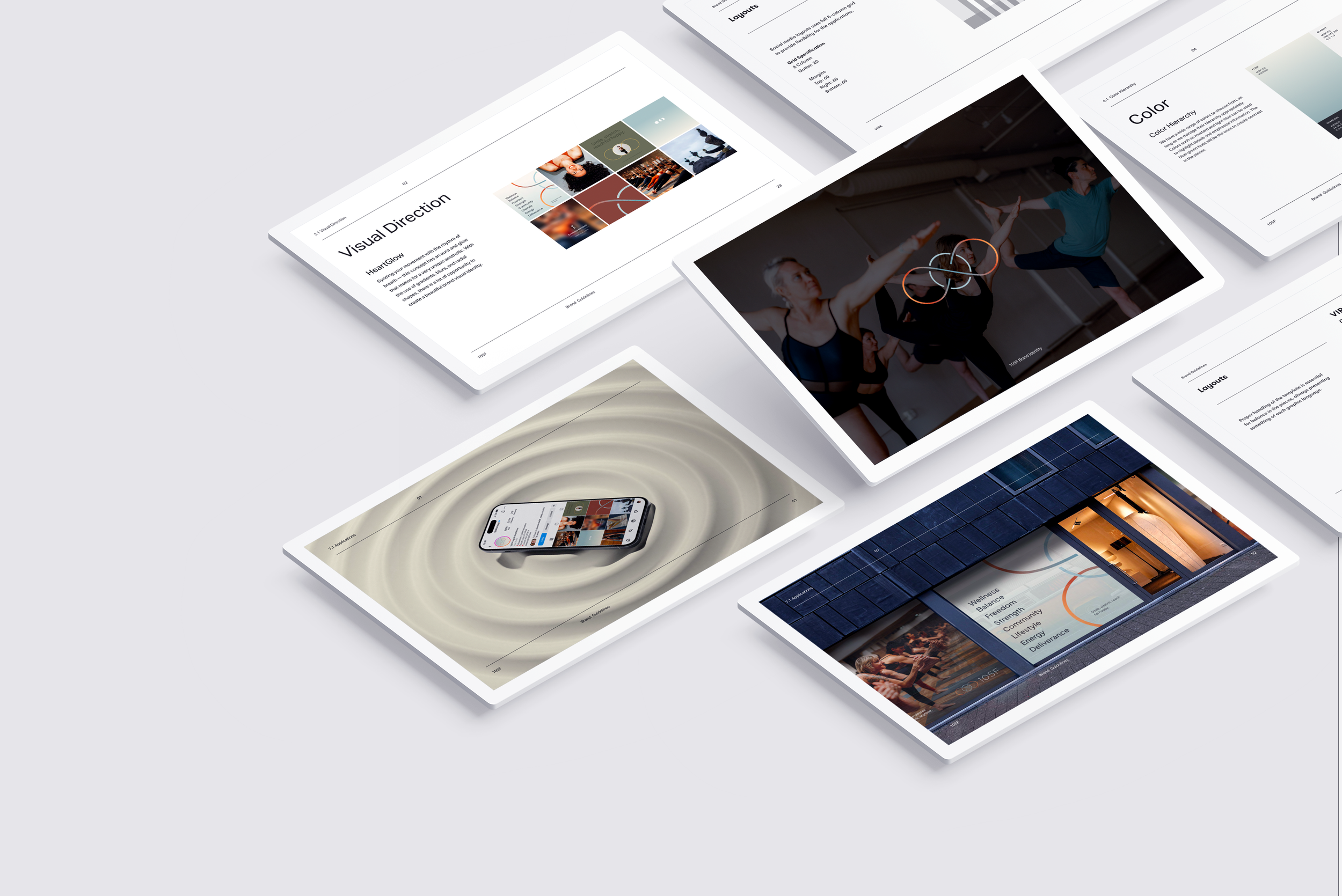 Multiple digital screens displaying design layouts, images, and text related to visual direction, color hierarchy, and branding, arranged on a light gray surface for 105F hot yoga and pilates brand guidelines.