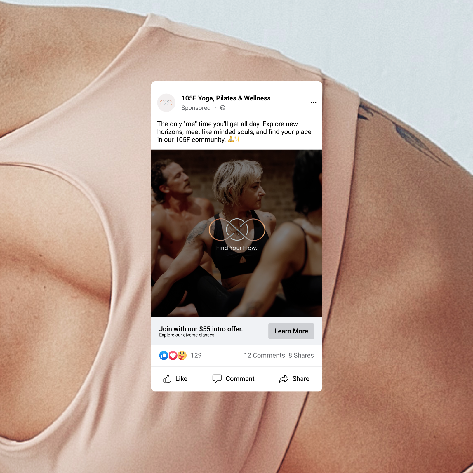 Advertisement for 105F Yoga, Pilates & Wellness featuring a group of people practicing yoga outdoors with a focus on a woman with short blonde hair.