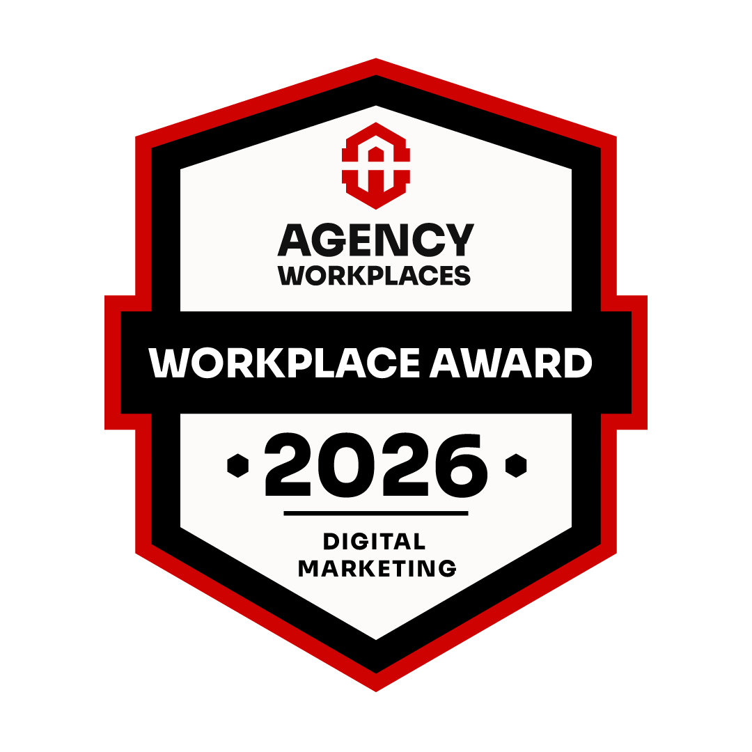 Award badge for Agency Workplaces' 2026 Digital Marketing Workplace Award, featuring a red, black, and white shield shape.