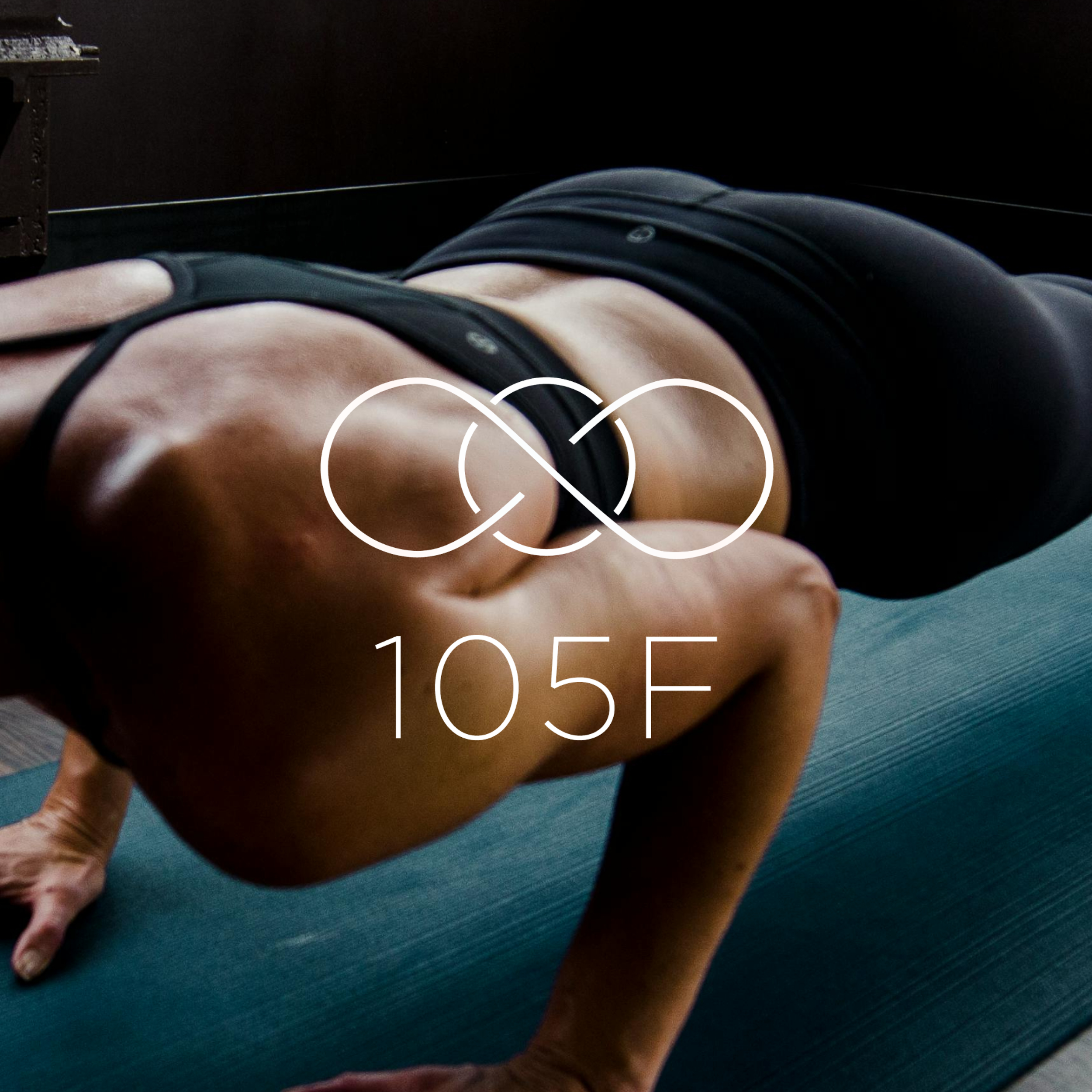 Close-up of a person's hand resting on a blue textured surface, with fingers slightly bent and nails short. The background is dark, and part of a metallic structure is visible in the top left corner. 105F hot yoga and pilates logo.