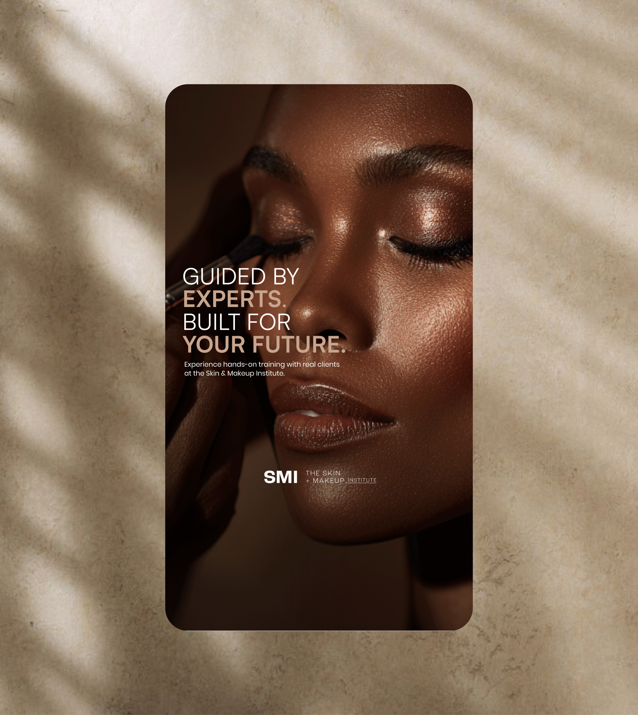 A close-up of a woman with flawless, glowing skin having makeup applied to her eyelids, with text overlay about expert training at the Skin & Makeup Institute.