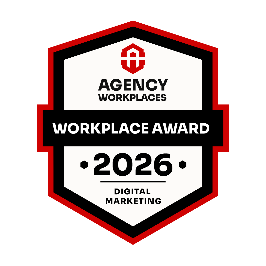 Badge for Agency Workplaces 2026 Digital Marketing Workplace Award with a black, white, and red color scheme